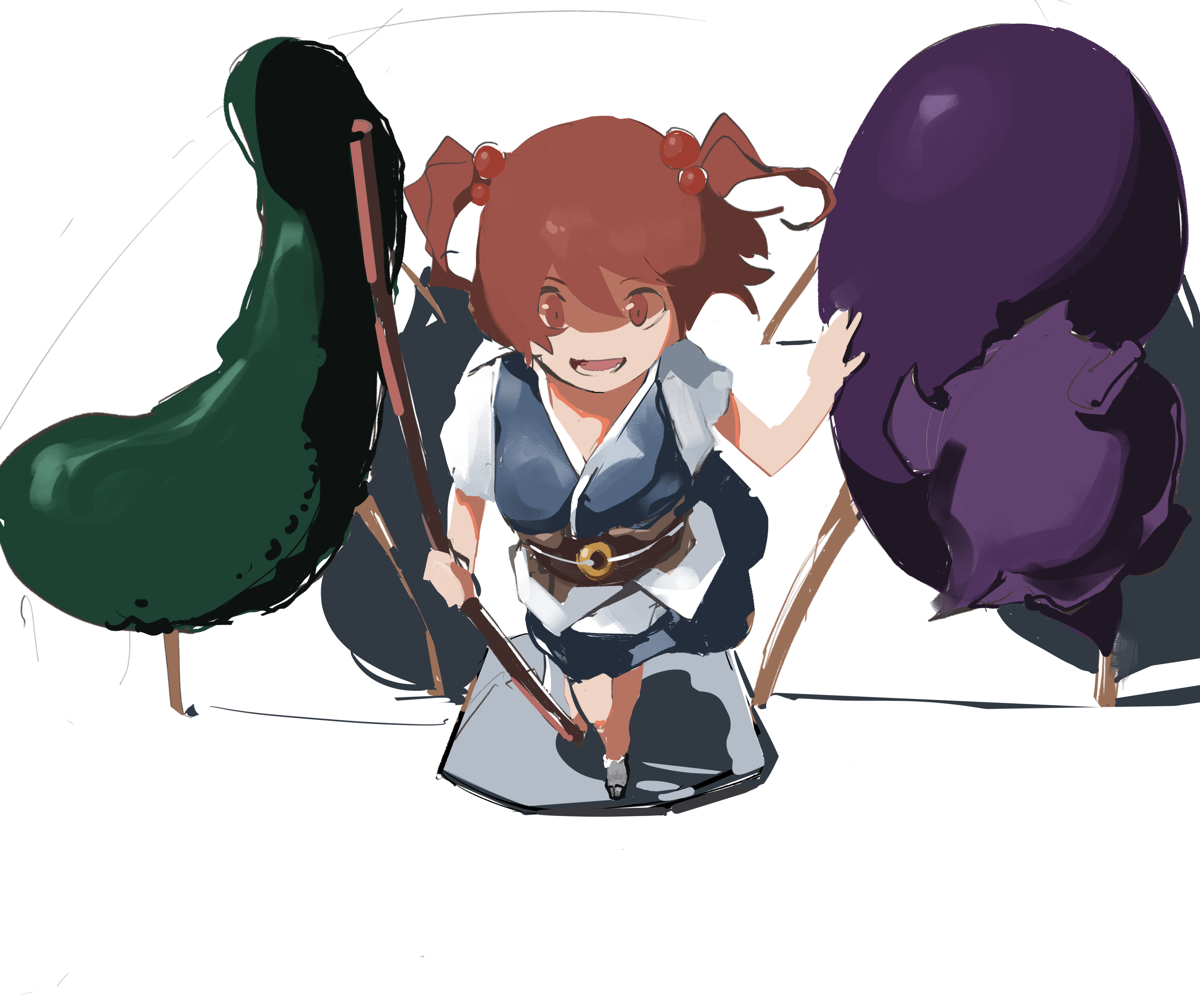 ishizaki (ishizaki100), onozuka komachi, shishou (cookie), cookie (touhou), touhou, absurdres, commentary request, highres, 1girl, blue dress, bobbles, brown sash, coin, coin on string, cucumber, dress, eggplant, from above, full body, hoe, holding hoe, looking at viewer, lower teeth only, obi, obon, open mouth, red eyes, red hair, sash, short sleeves, shouryouuma, smile, solo, standing, teeth, two side up, white background