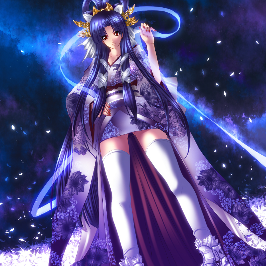 juri (shiningred), original, bad id, bad pixiv id, 1girl, blue hair, female focus, flower, hair ornament, japanese clothes, kimono, legs, long hair, long legs, night, petals, red eyes, ribbon, solo, thighhighs, thighs, white thighhighs, yukata, zettai ryouiki