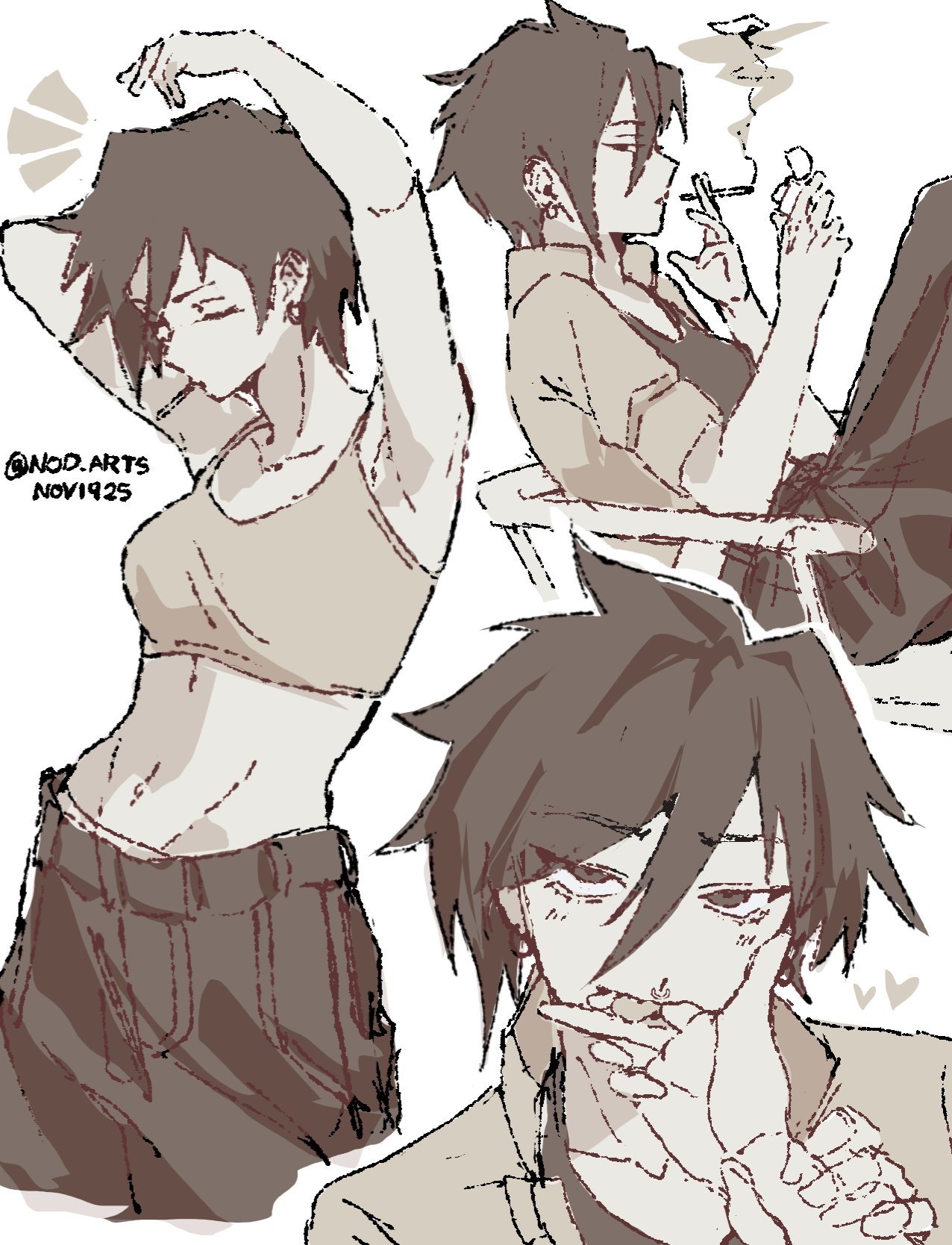 invisigal (dispatch), dispatch, commentary, english commentary, highres, 1girl, armpits, arms up, artist name, bare shoulders, black hair, blush, breasts, cigarette, collarbone, crop top, dated, earrings, face piercing, hair between eyes, holding, holding another's wrist, holding cigarette, holding lighter, jacket, jewelry, licking another's finger, lighter, looking at viewer, midriff, navel, nod arts, nose piercing, nose ring, open mouth, pants, piercing, short hair, short sleeves, simple background, sitting, sketch, small breasts, smoke, smoking, standing, white background