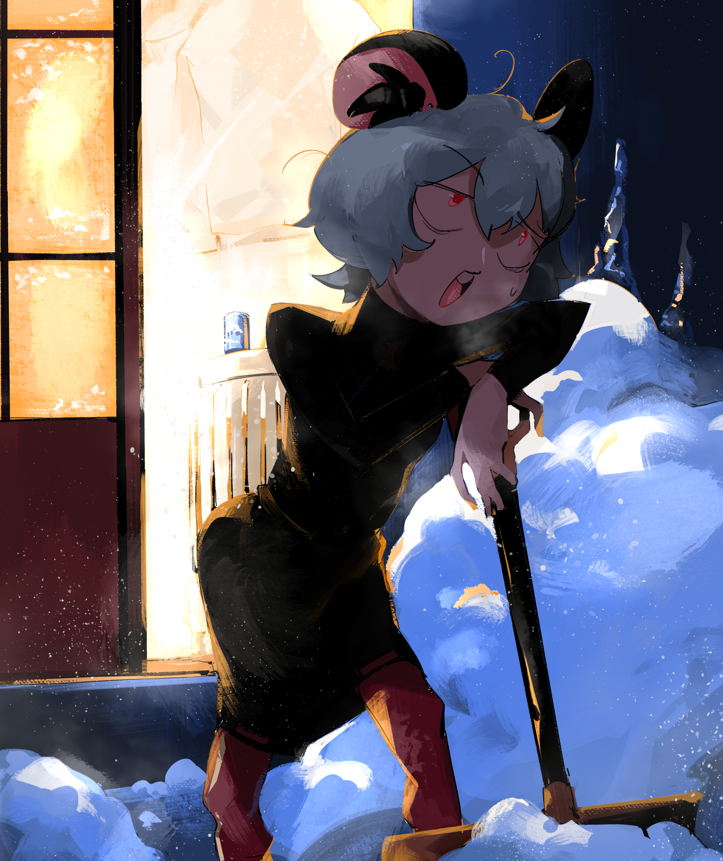 ishizaki (ishizaki100), nazrin, nyon (cookie), cookie (touhou), touhou, absurdres, commentary request, highres, 1girl, animal ears, black dress, boots, brown boots, dress, full body, grey hair, holding, holding shovel, long sleeves, mouse ears, mouse girl, open mouth, outdoors, radiator, red eyes, short hair, shovel, shoveling, sliding doors, snow, snow shovel, solo, standing