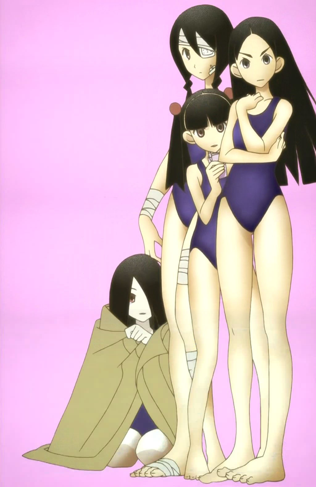 kitsu chiri, kobushi abiru, komori kiri, otonashi meru, sayonara zetsubou sensei, anime screenshot, highres, jpeg artifacts, stitched, third-party edit, 00s, 4girls, bad anatomy, bad feet, bandage over one eye, bandages, barefoot, feet, multiple girls, one-piece swimsuit, parted bangs, poorly drawn, school swimsuit, swimsuit