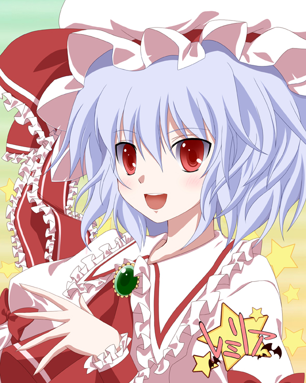 kurono yuzuko, yuuko (pixiv), remilia scarlet, touhou, bad id, bad pixiv id, 1girl, blue hair, bow, female focus, gradient background, hat, red eyes, short hair, solo, upper body, wrist cuffs