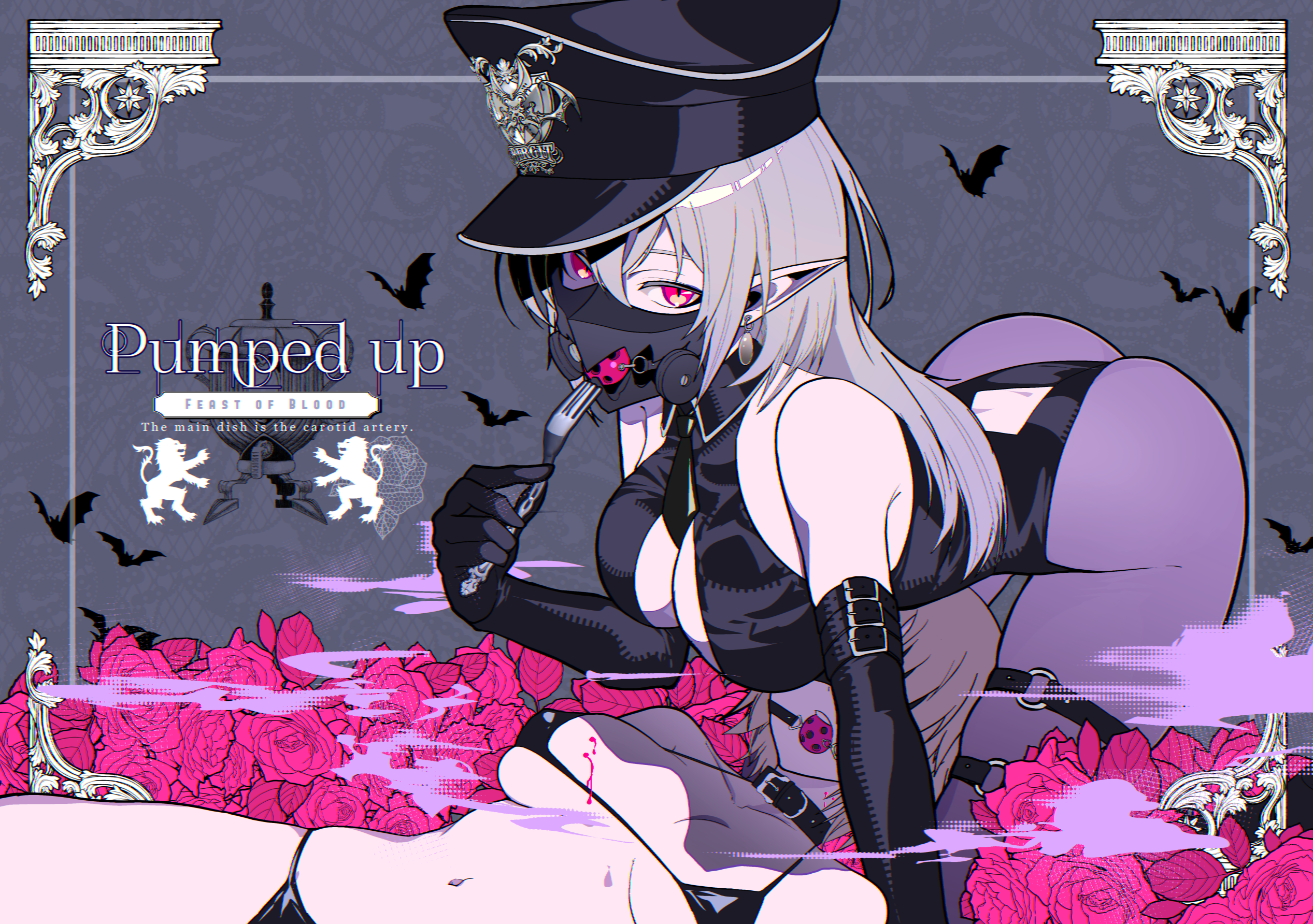 ryuu tou, original, commission, highres, pixiv commission, 2girls, ass, ball gag, bare shoulders, bat (animal), bdsm, bent over, bikini, black bikini, black gloves, black hat, black leotard, black necktie, blindfold, breasts, brown hair, buckle, cleavage, collar, collarbone, crest, earrings, elbow gloves, english text, flower, fork, gag, gagged, gloves, grey background, grey hair, hair between eyes, hat, holding, holding fork, jewelry, large breasts, leotard, long hair, looking at viewer, lying, mask, medium breasts, micro bikini, mouth mask, multiple girls, navel, necktie, o-ring, on back, pantyhose, patterned background, peaked cap, pink eyes, pink flower, pink rose, pointy ears, purple pantyhose, rose, short hair, slit pupils, swimsuit, thigh strap