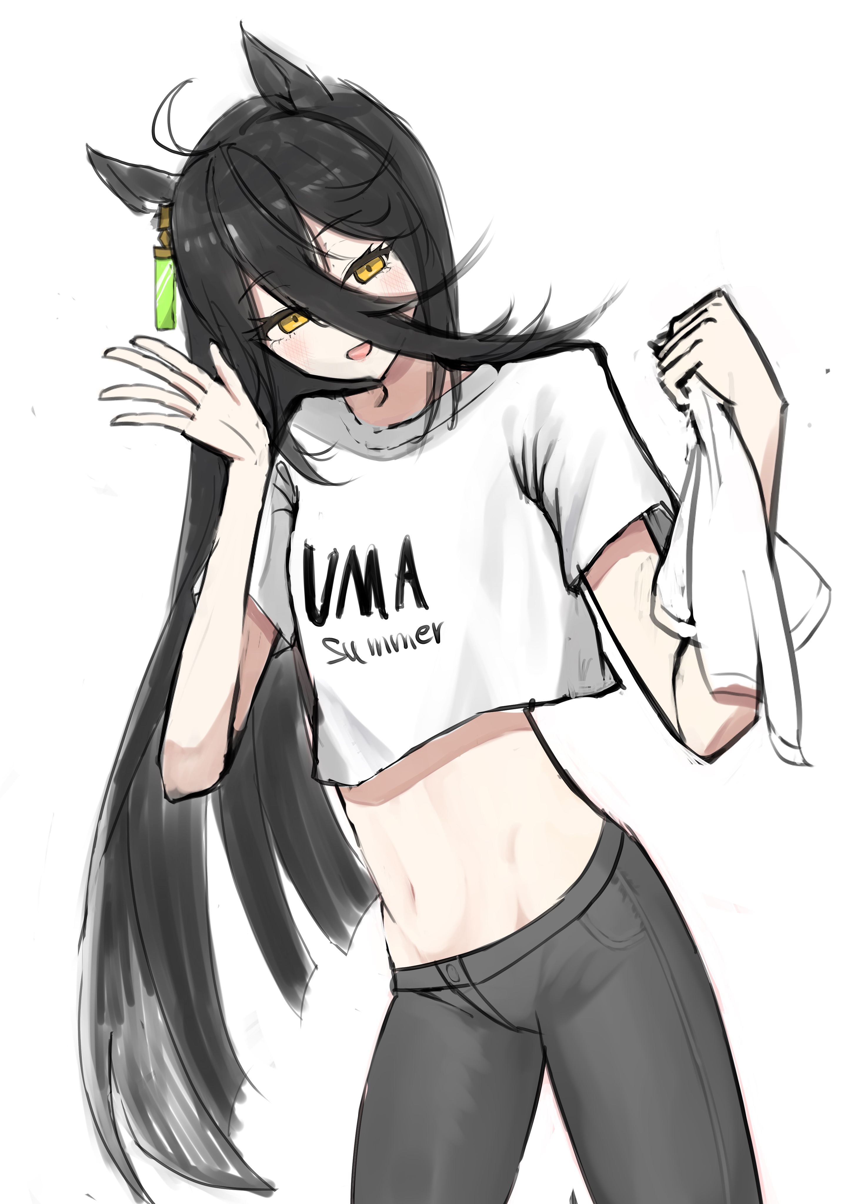 manhattan cafe (umamusume), umamusume, absurdres, highres, 00030005, 1girl, abs, ahoge, animal ears, black hair, black pants, cropped shirt, ear ornament, ear tag, earrings, hair between eyes, hands up, head tilt, holding, holding towel, horse ears, horse girl, jewelry, long bangs, long hair, long hair between eyes, looking at viewer, multicolored hair, open mouth, pants, shirt, short sleeves, simple background, single earring, smile, solo, towel, very long hair, white background, white hair, white shirt, yellow eyes