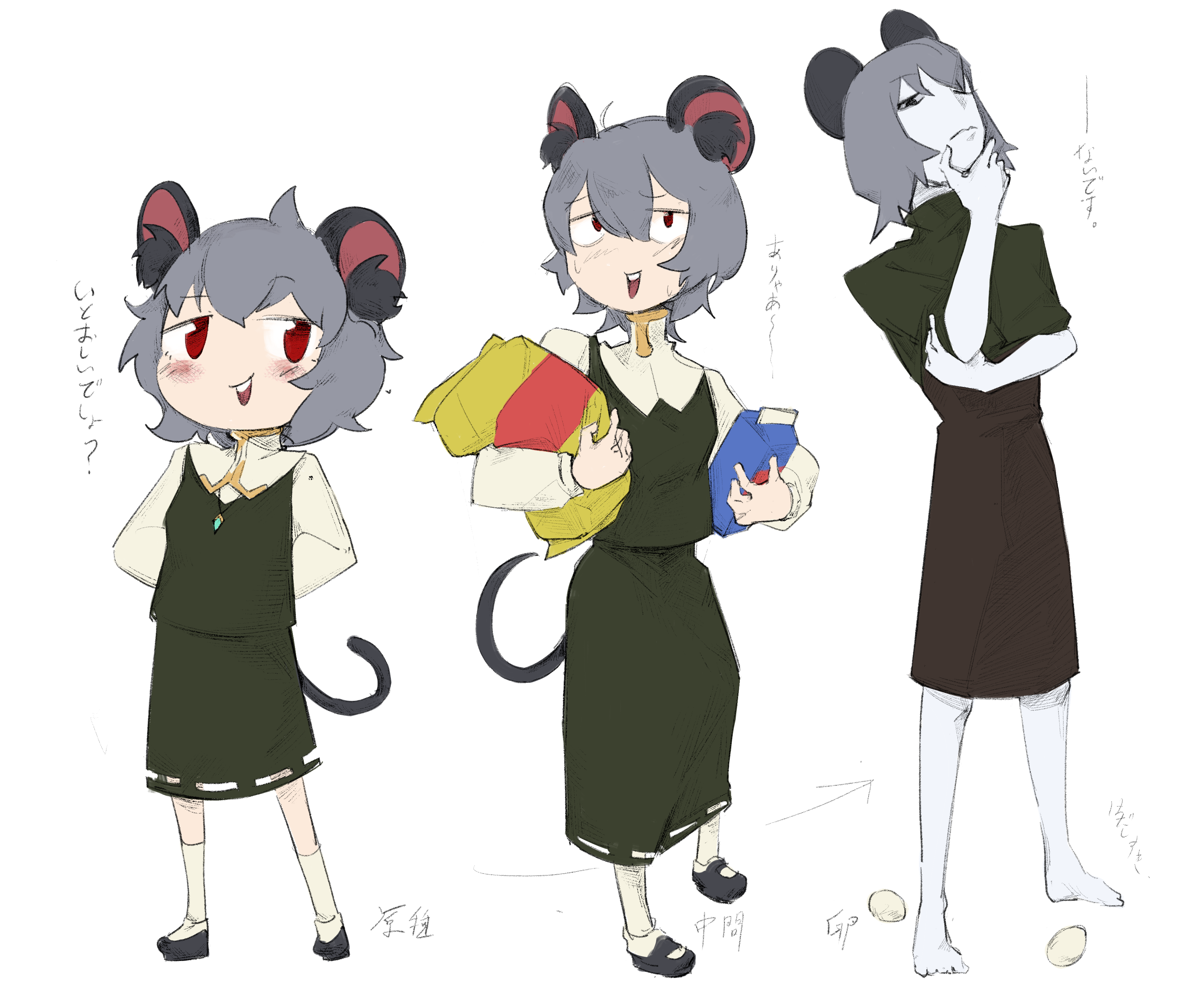 ishizaki (ishizaki100), nazrin, nyon (cookie), cookie (touhou), touhou, absurdres, commentary request, highres, translation request, 3girls, animal ear fluff, animal ears, arms behind back, barefoot, black eyes, black shoes, closed mouth, colored skin, egg, flour, full body, green skirt, green vest, grey hair, holding, holding milk carton, holding sack, long sleeves, looking at viewer, milk carton, mouse ears, mouse girl, mouse tail, multiple girls, multiple persona, one eye closed, open mouth, red eyes, sack, shirt, shoes, short hair, simple background, skirt, skirt set, smile, socks, standing, tail, vest, white background, white shirt, white skin, white socks