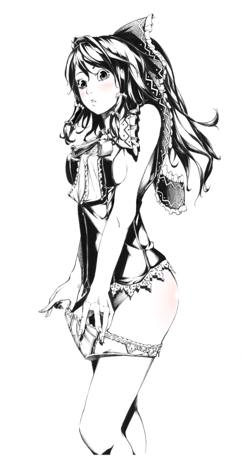 sousou (sousouworks), hakurei reimu, touhou, 1girl, blush, bottomless, bow, breasts, female focus, hair bow, lace, long hair, monochrome, no pants, panties, panty pull, sideboob, solo, spot color, standing, underwear