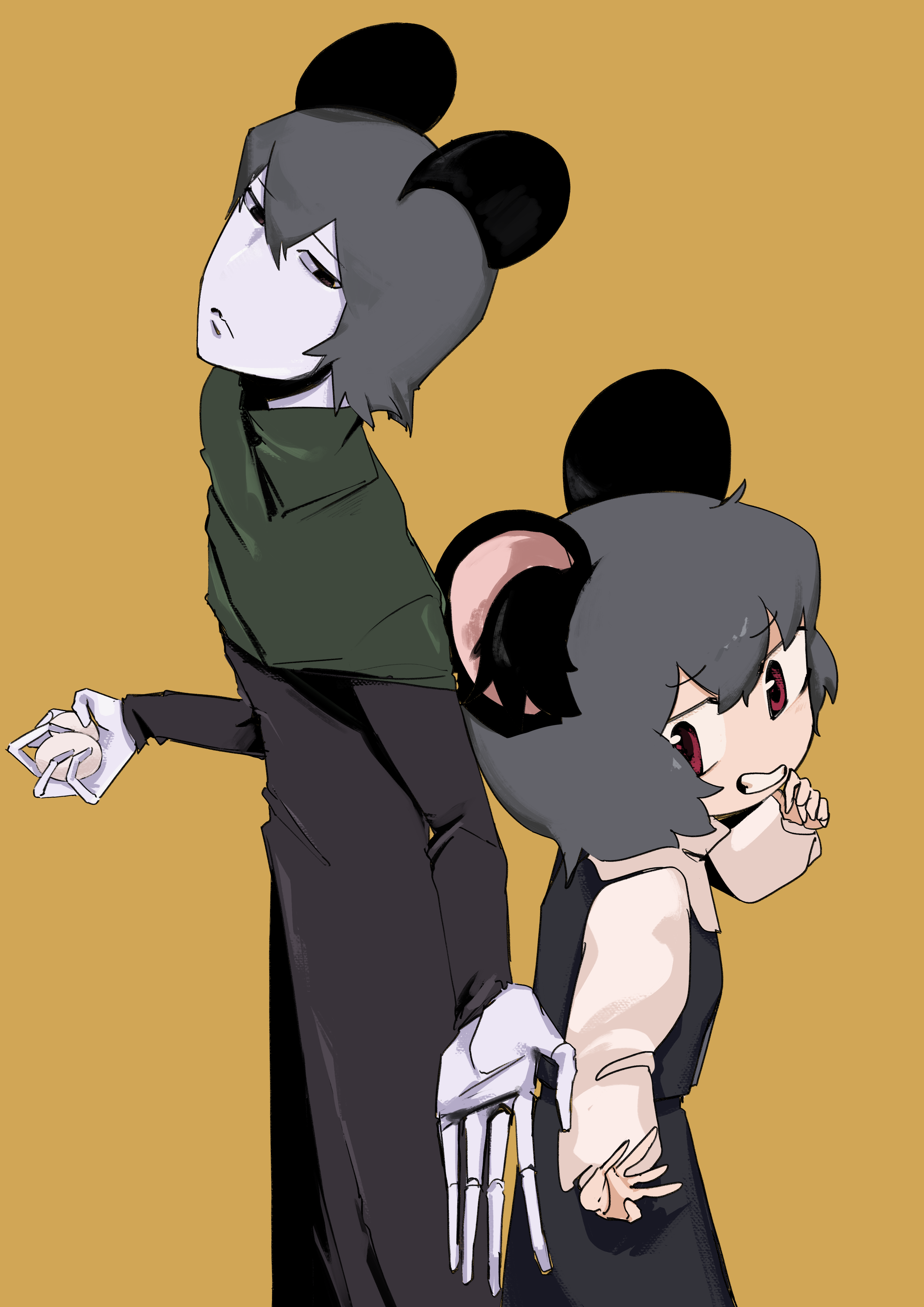 ishizaki (ishizaki100), nazrin, nyon (cookie), cookie (touhou), touhou, absurdres, commentary request, highres, 2girls, animal ear fluff, animal ears, back-to-back, black skirt, black vest, capelet, closed mouth, colored skin, cowboy shot, doll joints, dual persona, egg, expressionless, green capelet, grey hair, grin, joints, long sleeves, looking at viewer, mouse ears, mouse girl, multiple girls, reaching, reaching towards viewer, red eyes, shirt, short hair, simple background, skirt, skirt set, smile, vest, white shirt, white skin, yellow background