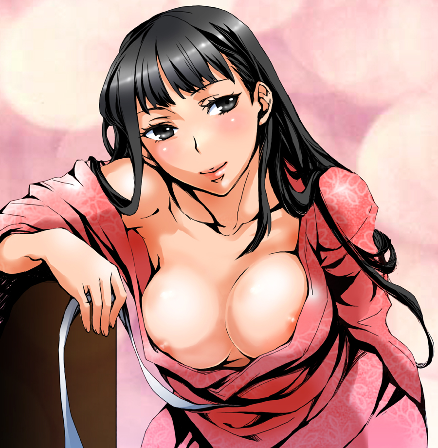 starstar4, amagi yukiko, atlus, persona, persona 4, alternate breast size, bad id, bad pixiv id, 1girl, black hair, breasts, female focus, japanese clothes, kimono, large breasts, looking at viewer, nipple slip, nipples, pink kimono, red kimono, solo, yukata