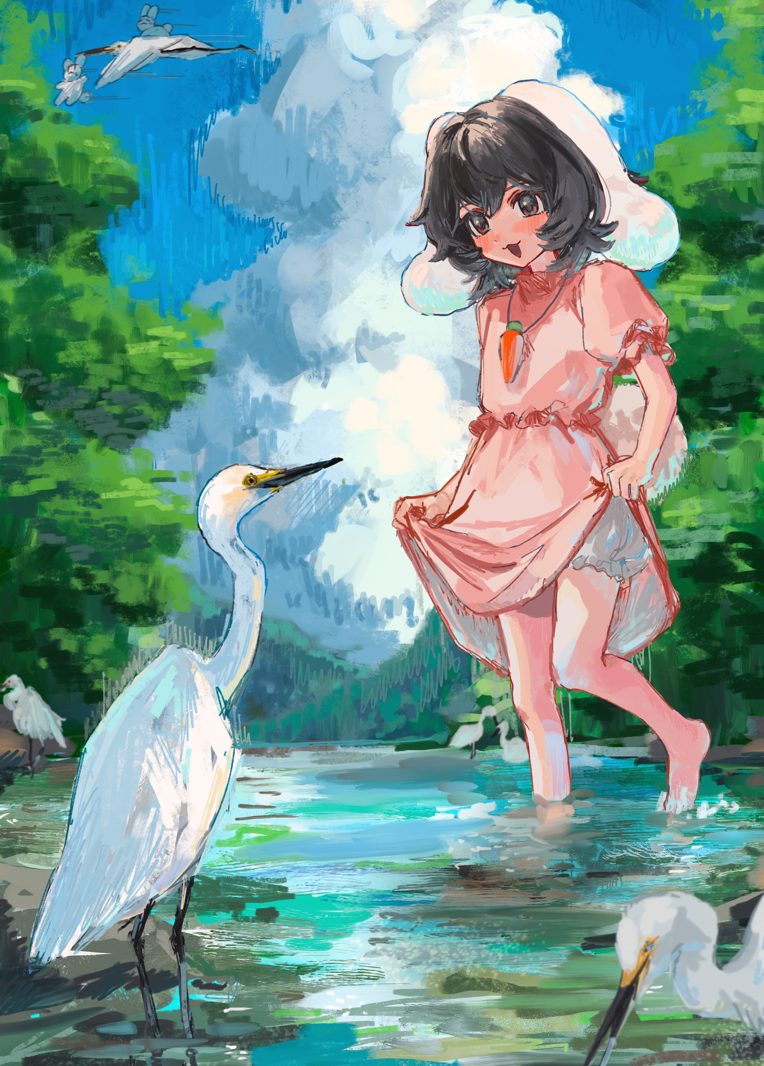 b nosk101, inaba mob (touhou), inaba tewi, touhou, absurdres, commentary, highres, 1girl, :3, :d, animal ears, bare legs, barefoot, bird, black hair, bloomers, blush, carrot necklace, cloud, cumulonimbus cloud, dress, heron, jewelry, looking at animal, lop rabbit ears, necklace, open mouth, outdoors, pink dress, pond, puffy short sleeves, puffy sleeves, rabbit ears, rabbit girl, rabbit tail, refraction, short hair, short sleeves, skirt hold, smile, solo, tail, underwear, wading, white bird, white bloomers, white rabbit (animal)