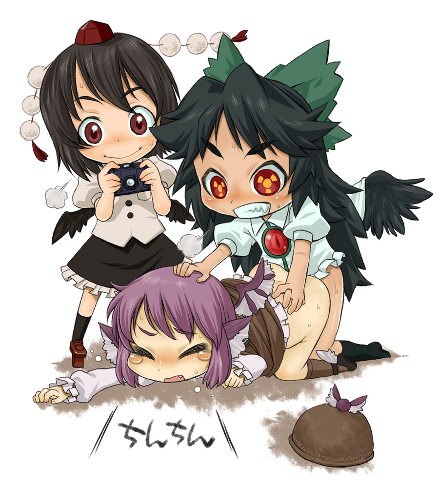 harukaze unipo, unipo, mystia lorelei, reiuji utsuho, shameimaru aya, touhou, bad id, bad pixiv id, 1futa, 2girls, animal ears, bent over, black hair, black wings, blackmail, bottomless, bow, brown eyes, camera, chibi, closed eyes, doggystyle, fang, femdom, futa with female, futanari, geta, hand on another's head, hat, implied futanari, kneehighs, long hair, multiple girls, pink hair, purple hair, radiation symbol, rape, red eyes, sex, sex from behind, short hair, smile, socks, sweat, symbol-shaped pupils, tears, tengu-geta, tokin hat, top-down bottom-up, vaginal, wings