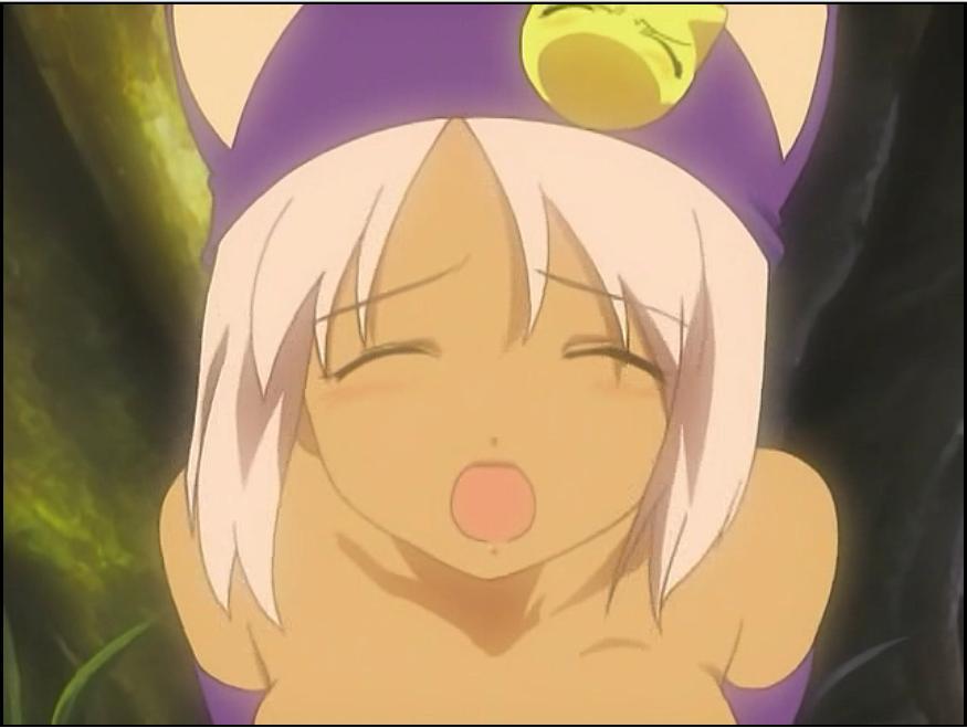 meow (little monica monogatari), little monica monogatari, screencap, anime screenshot, 00s, 1girl, animal ears, bare shoulders, blush, cat ears, closed eyes, dark-skinned female, dark skin, elbow gloves, gloves, hat, moaning, open mouth, pink hair, short hair, topless female