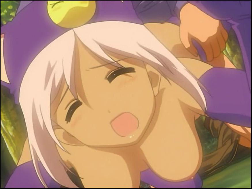 meow (little monica monogatari), little monica monogatari, screencap, 00s, 1boy, 1girl, animal ears, bent over, blush, breasts, closed eyes, dark-skinned female, dark skin, doggystyle, elbow gloves, from behind, gloves, hanging breasts, hetero, implied sex, moaning, nipples, open mouth, pink hair, sex, sex from behind, thigh grab, thighhighs, topless female