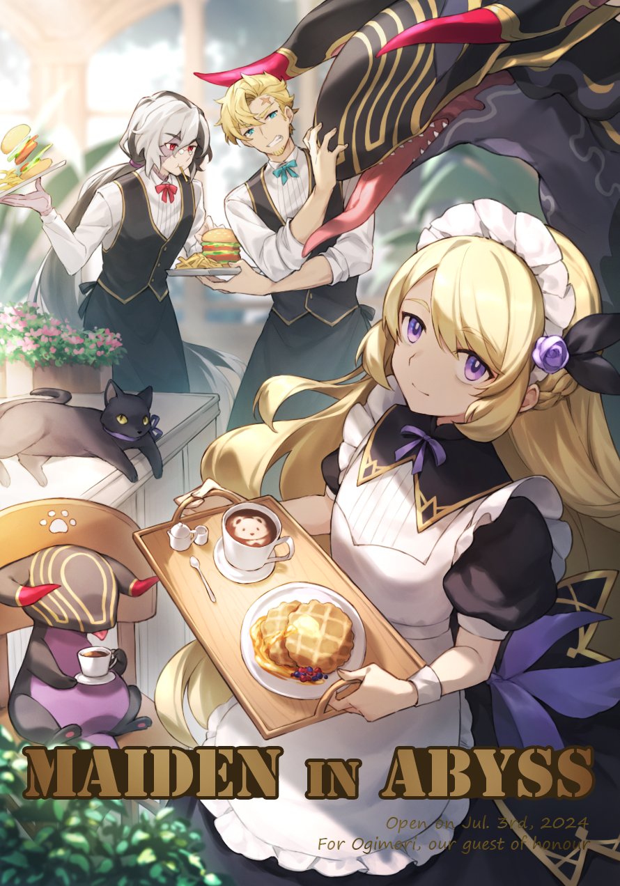 dragalinuka, curran (dragalia lost), heinwald (dragalia lost), lathna, nyarlathotep (dragalia lost), dragalia lost, commentary request, highres, 1girl, 2boys, alternate costume, apron, beard stubble, black cat, black dress, black hair, black vest, blonde hair, blue eyes, burger, butler, cat, chair, closed mouth, cup, dress, english text, facial hair, flower, food, french fries, glasses, grey hair, hair between eyes, hair flower, hair ornament, holding, holding cup, holding tray, long hair, long sleeves, looking at viewer, maid, maid apron, maid headdress, multicolored hair, multiple boys, on chair, plate, puffy short sleeves, puffy sleeves, purple eyes, purple flower, purple rose, red eyes, rose, shirt, short hair, short sleeves, sitting, smile, stubble, teacup, tray, two-tone hair, very long hair, vest, white shirt, wrist cuffs