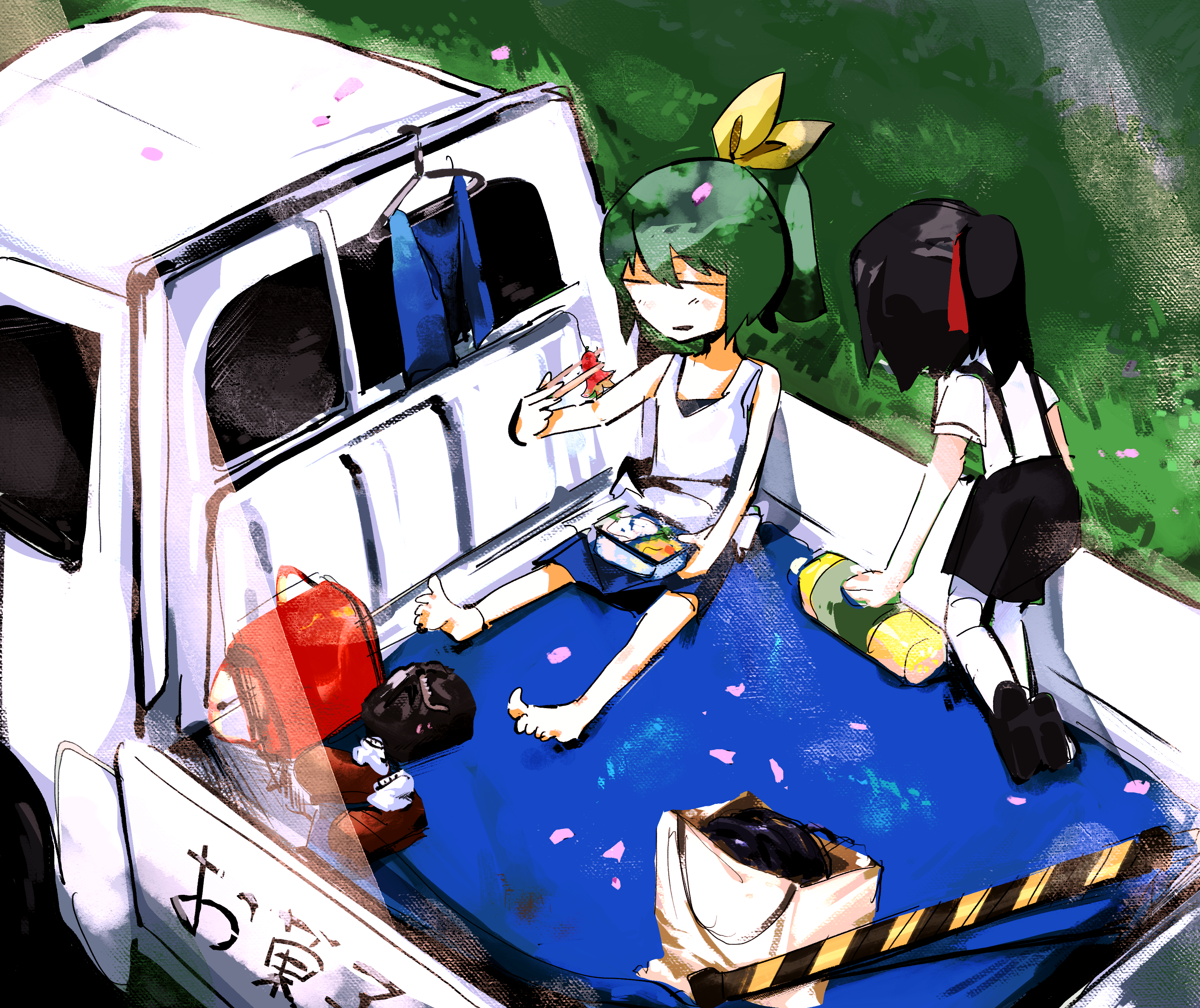 ishizaki (ishizaki100), daiyousei, diyusi (cookie), siyudi (cookie), cookie (touhou), touhou, absurdres, commentary request, highres, 2girls, bento, black hair, black shoes, black skirt, blue skirt, bow, brown shoes, chopsticks, closed eyes, food, food art, full body, grass, green hair, hair bow, high ponytail, holding, holding chopsticks, kei truck, motor vehicle, multiple girls, open mouth, pickup truck, ponytail, red bow, shirt, shoes, short hair, sitting, skirt, suspender skirt, suspenders, tako-san wiener, tank top, truck, unworn shoes, white shirt, white tank top, yellow bow