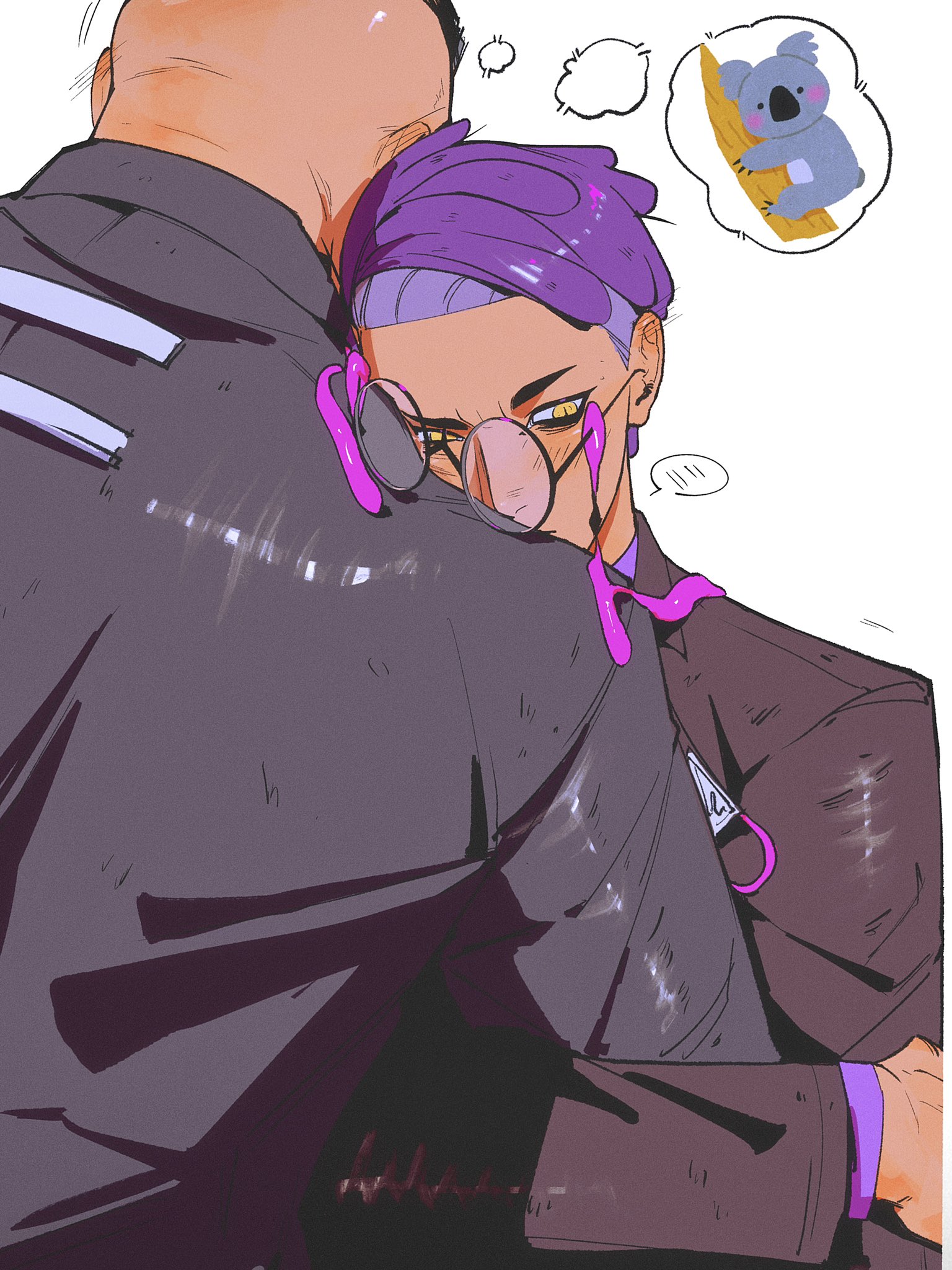 shu0718, corbeau (pokemon), philippe (pokemon), nintendo, pokemon, pokemon legends: z-a, highres, 2boys, arm hug, black-framed eyewear, black hair, black jacket, black suit, emoji, formal clothes, from behind, glasses, hug, jacket, leaning on person, male focus, mohawk, multiple boys, purple shirt, round eyewear, shirt, simple background, speech bubble, suit, suit jacket, thought bubble, upper body, white background, yaoi, yellow eyes