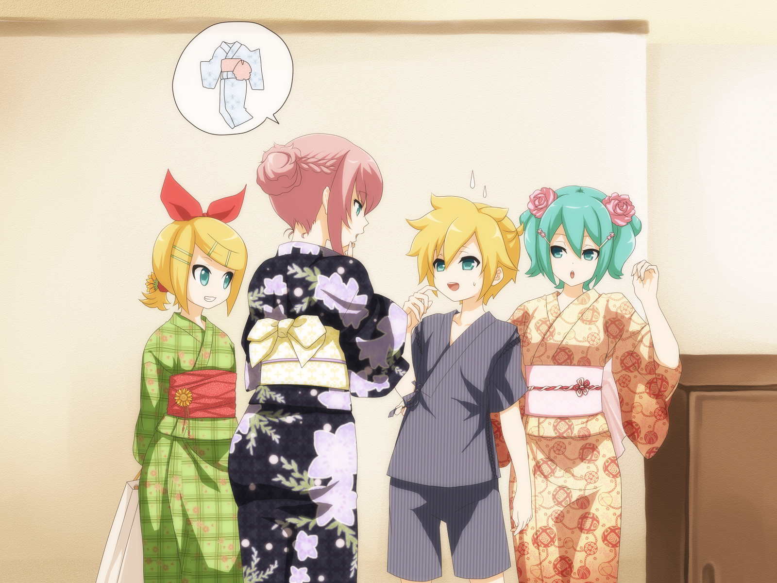 oumi sanaka, hatsune miku, kagamine len, kagamine rin, megurine luka, vocaloid, highres, 1boy, 3girls, alternate hairstyle, aqua eyes, aqua hair, blonde hair, flower, hair ornament, hair ribbon, hairclip, japanese clothes, kimono, multiple girls, pink hair, ribbon, rose, scheming, sweat, yukata
