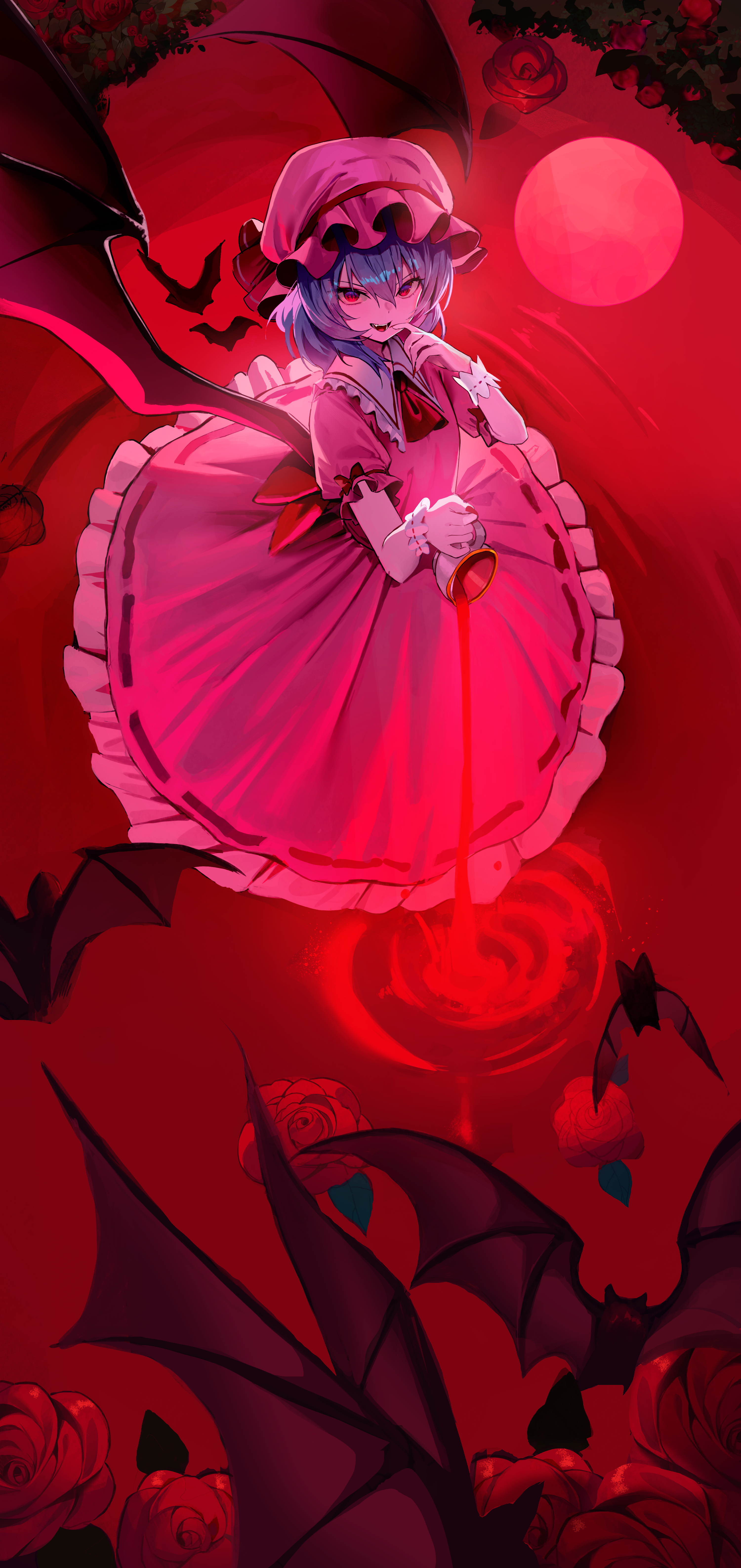 karas (10 9), remilia scarlet, touhou, absurdres, highres, 1girl, ascot, bat (animal), bat wings, blood, collared shirt, cup, fangs, frilled hat, frilled skirt, frilled sleeves, frills, full moon, hands up, hat, hat ribbon, holding, holding cup, looking at viewer, mob cap, moon, open mouth, pink hat, pink skirt, pool of blood, puffy short sleeves, puffy sleeves, purple hair, red ascot, red eyes, red moon, red ribbon, ribbon, shirt, short hair, short sleeves, skirt, solo, spilling, waist ribbon, wings