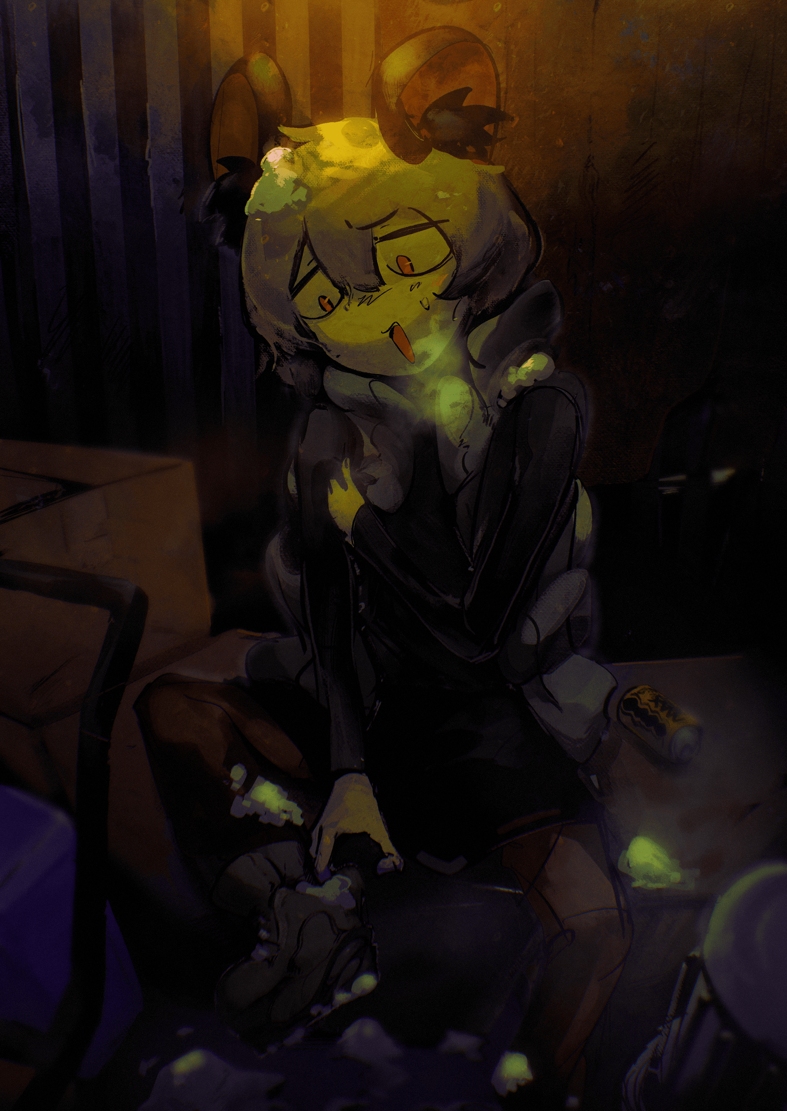 ishizaki (ishizaki100), nazrin, nyon (cookie), cookie (touhou), touhou, absurdres, commentary request, highres, 1girl, animal ears, beer can, black coat, boots, box, breath, brown pants, can, cardboard box, coat, drink can, full body, grey boots, grey hair, grey scarf, looking down, mouse ears, mouse girl, open mouth, pants, red eyes, scarf, short hair, sitting, snow, solo