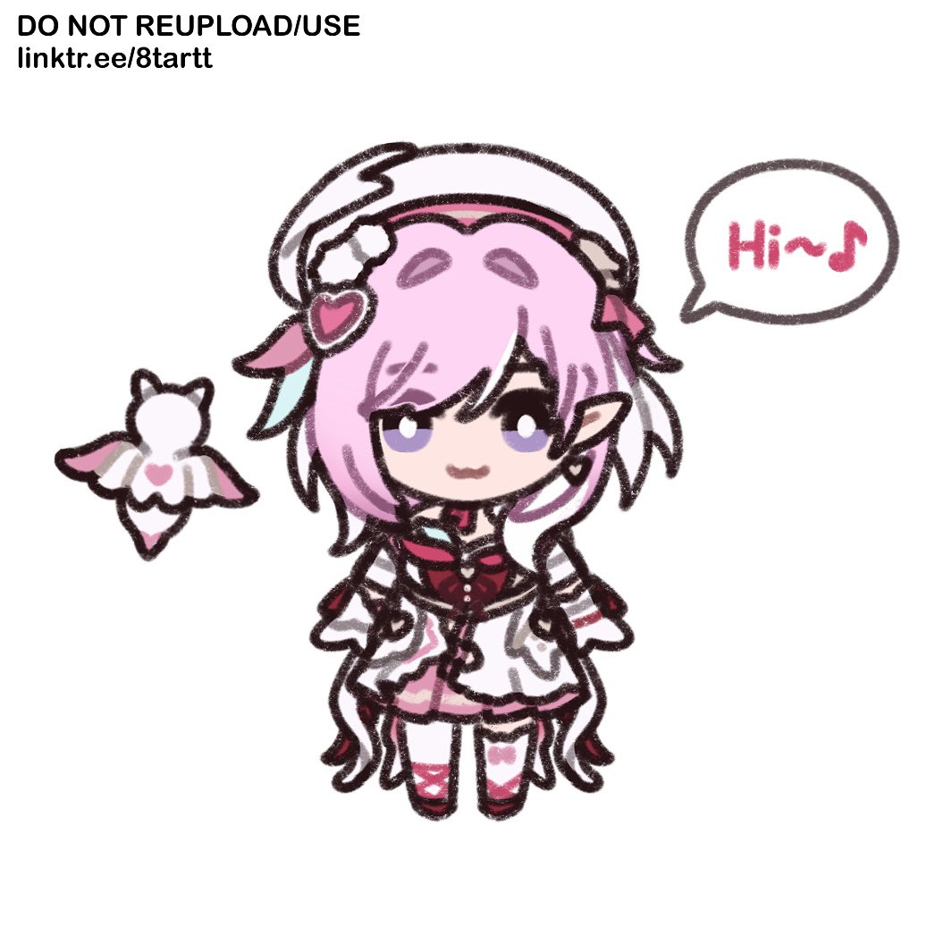 8tartt, elysia (hi love elf) (honkai impact), elysia (honkai impact), honkai (series), honkai impact 3rd, 1girl, beret, dress, earrings, elf, english text, hat, heart, heart earrings, jewelry, little messenger (honkai impact), long hair, looking at viewer, multicolored hair, musical note, pink hair, pointy ears, purple eyes, red dress, simple background, smile, speech bubble, two-sided fabric, two-tone hair, very long hair, white background, white dress, white hair
