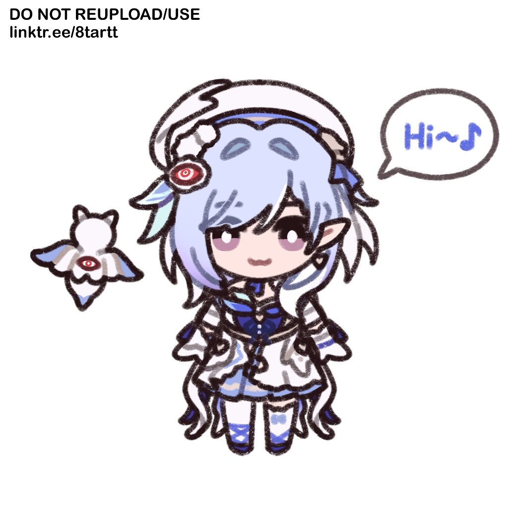 8tartt, elysia (hi love elf) (honkai impact), elysia (honkai impact), herrscher of corruption, honkai (series), honkai impact 3rd, 1girl, beret, blue hair, dress, earrings, elf, english text, hat, heart, heart earrings, jewelry, little messenger (honkai impact), long hair, looking at viewer, multicolored hair, musical note, pointy ears, purple eyes, red dress, simple background, smile, speech bubble, two-sided fabric, two-tone hair, very long hair, white background, white dress, white hair