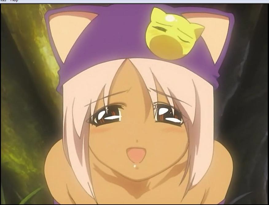 meow (little monica monogatari), little monica monogatari, screencap, 00s, 1girl, animal ears, bare shoulders, blush, brown eyes, cat ears, dark-skinned female, dark skin, hat, looking at viewer, open mouth, pink hair, short hair, smile