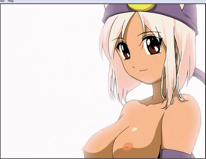 meow (little monica monogatari), little monica monogatari, 00s, 1girl, bare shoulders, breasts, dark-skinned female, dark skin, elbow gloves, gloves, hat, looking at viewer, nipples, pink hair, red eyes, short hair, smile, topless female
