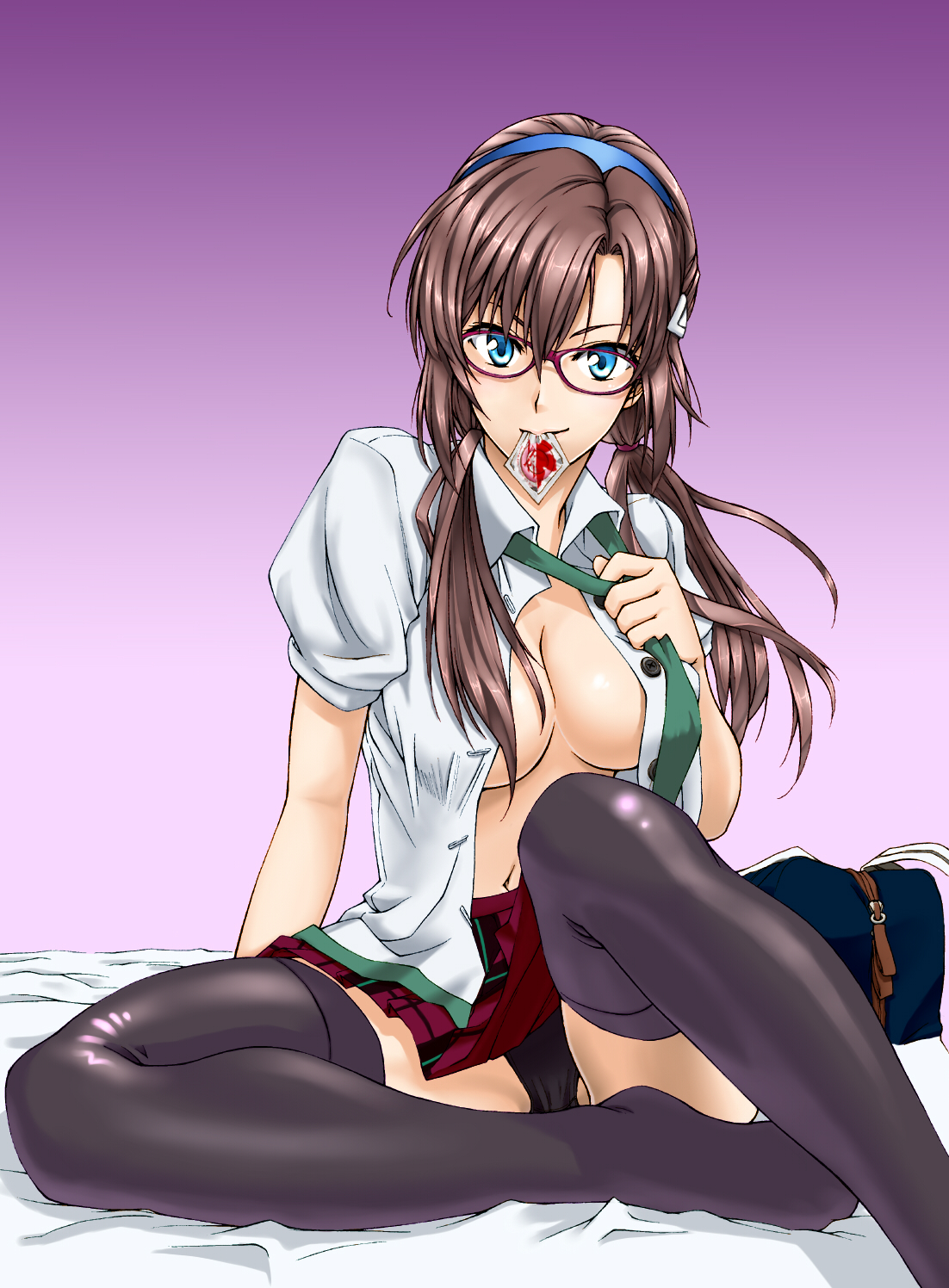 swimmer?, makinami mari illustrious, evangelion: 2.0 you can (not) advance, neon genesis evangelion, rebuild of evangelion, highres, 00s, 1girl, bed, black panties, black thighhighs, blue eyes, breasts, brown hair, condom, condom in mouth, female focus, glasses, large breasts, long hair, looking at viewer, mouth hold, open clothes, open shirt, panties, pantyshot, school uniform, shirt, simple background, sitting, solo, thighhighs, twintails, underwear