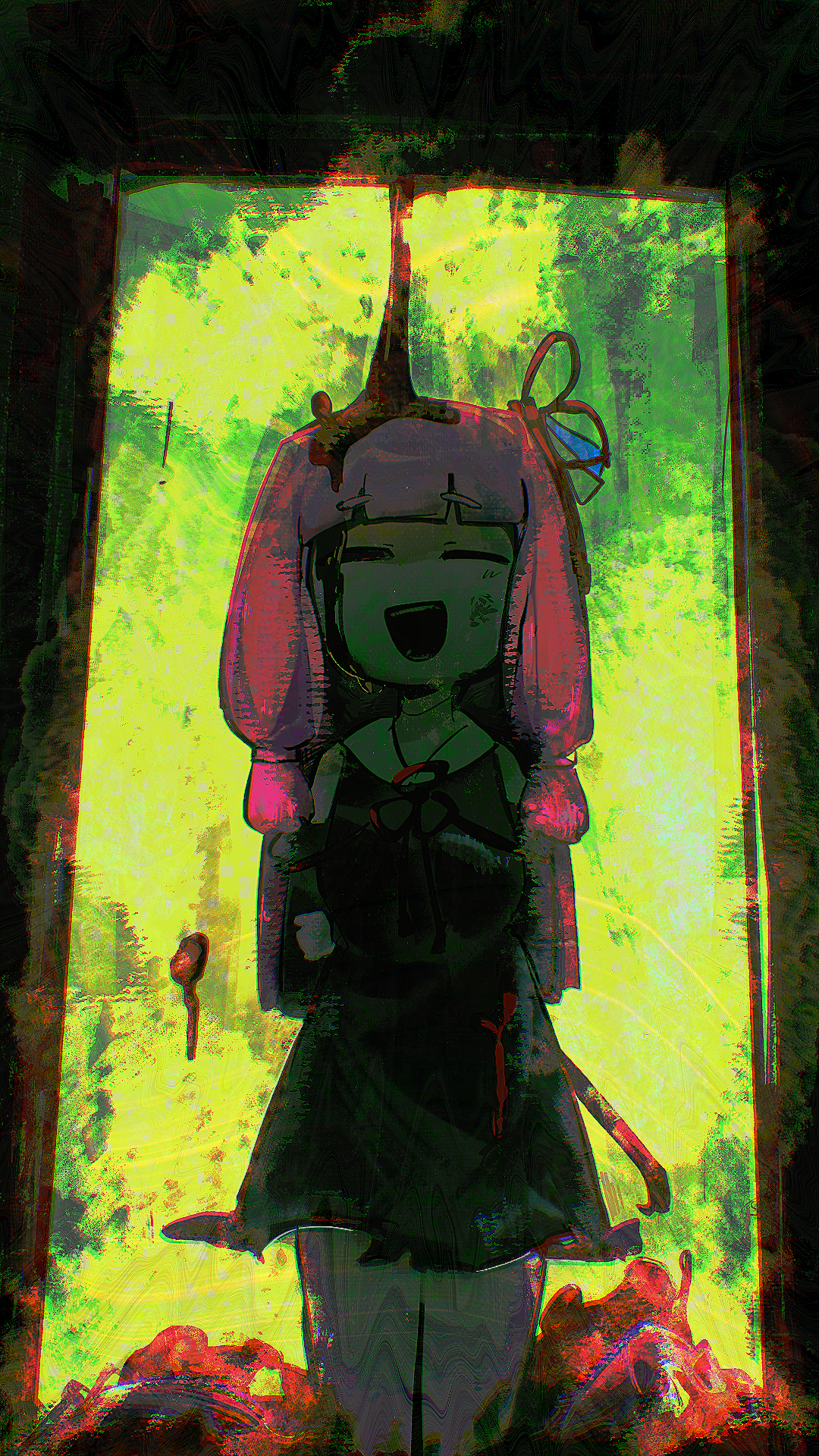 ishizaki (ishizaki100), kotonoha akane, voiceroid, commentary request, highres, 1girl, :d, ambiguous red liquid, black dress, black eyes, blunt bangs, clothing cutout, cowboy shot, crowbar, doorway, dress, empty eyes, glitch, green background, holding, holding crowbar, long hair, long sleeves, looking at viewer, one eye closed, open mouth, pink hair, shoulder cutout, smile, solo