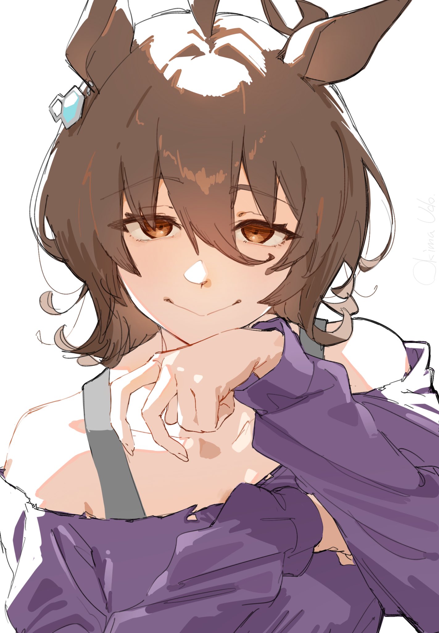 okima udo, agnes tachyon (casual) (umamusume), agnes tachyon (umamusume), umamusume, highres, 1girl, :>, animal ears, brown eyes, brown hair, closed mouth, collarbone, hair ornament, horse ears, horse girl, off-shoulder sweater, off shoulder, official alternate costume, purple sweater, short hair, simple background, smile, solo, sweater, upper body, white background
