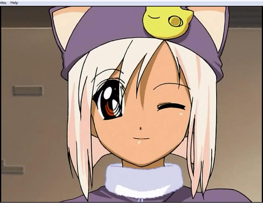 meow (little monica monogatari), little monica monogatari, 00s, 1girl, animal ears, cat ears, dark-skinned female, dark skin, hat, looking at viewer, one eye closed, pink hair, red eyes, short hair, smile, wink