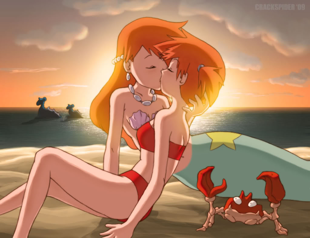 krabby, lapras, mermaid misty (pokemon), misty (pokemon), nintendo, pokemon, pokemon (anime), pokemon (classic anime), third-party source, 2girls, beach, bikini, closed eyes, crab, dual persona, earrings, gen 1 pokemon, jewelry, kiss, long hair, mermaid, monster girl, multiple girls, navel, necklace, orange hair, pokemon (creature), selfcest, shell, shell bikini, short hair, sunset, swimsuit, time paradox, watermark, yuri