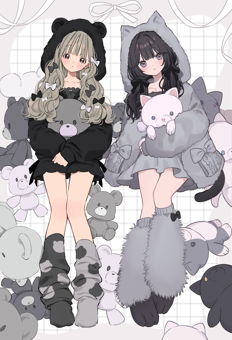 wata kinoshi, original, highres, 2girls, animal hood, asymmetrical legwear, bear hood, black bow, black jacket, black shorts, blush, bow, brown eyes, brown hair, cat hood, grey arm warmers, grey bow, grey jacket, hair bow, head tilt, hood, hood up, hooded jacket, hugging doll, hugging object, jacket, long hair, looking at viewer, loose socks, mismatched legwear, multiple girls, open clothes, open jacket, paw shoes, shorts, socks, stuffed animal, stuffed toy, twintails, white bow