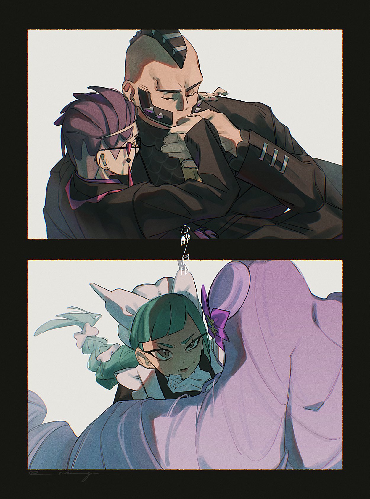 saba goma, corbeau (pokemon), jacinthe (pokemon), lebanne (pokemon), philippe (pokemon), nintendo, pokemon, pokemon legends: z-a, highres, 2boys, 2girls, apron, aqua hair, black-framed eyewear, black border, black hair, black shirt, black suit, border, brown eyes, closed mouth, drill hair, formal clothes, from behind, glasses, gloves, hair ornament, hand on another's chin, hand size difference, height difference, holding hands, kiss, kissing hand, long hair, maid, maid apron, maid headdress, mohawk, multiple boys, multiple girls, necktie, ponytail, purple hair, ribbon, round eyewear, shirt, short hair, sideburns, simple background, sitting, sitting on lap, sitting on person, suit, sweatdrop, undercut, very long hair, white background, white gloves, white ribbon, yaoi, yellow necktie, yuri