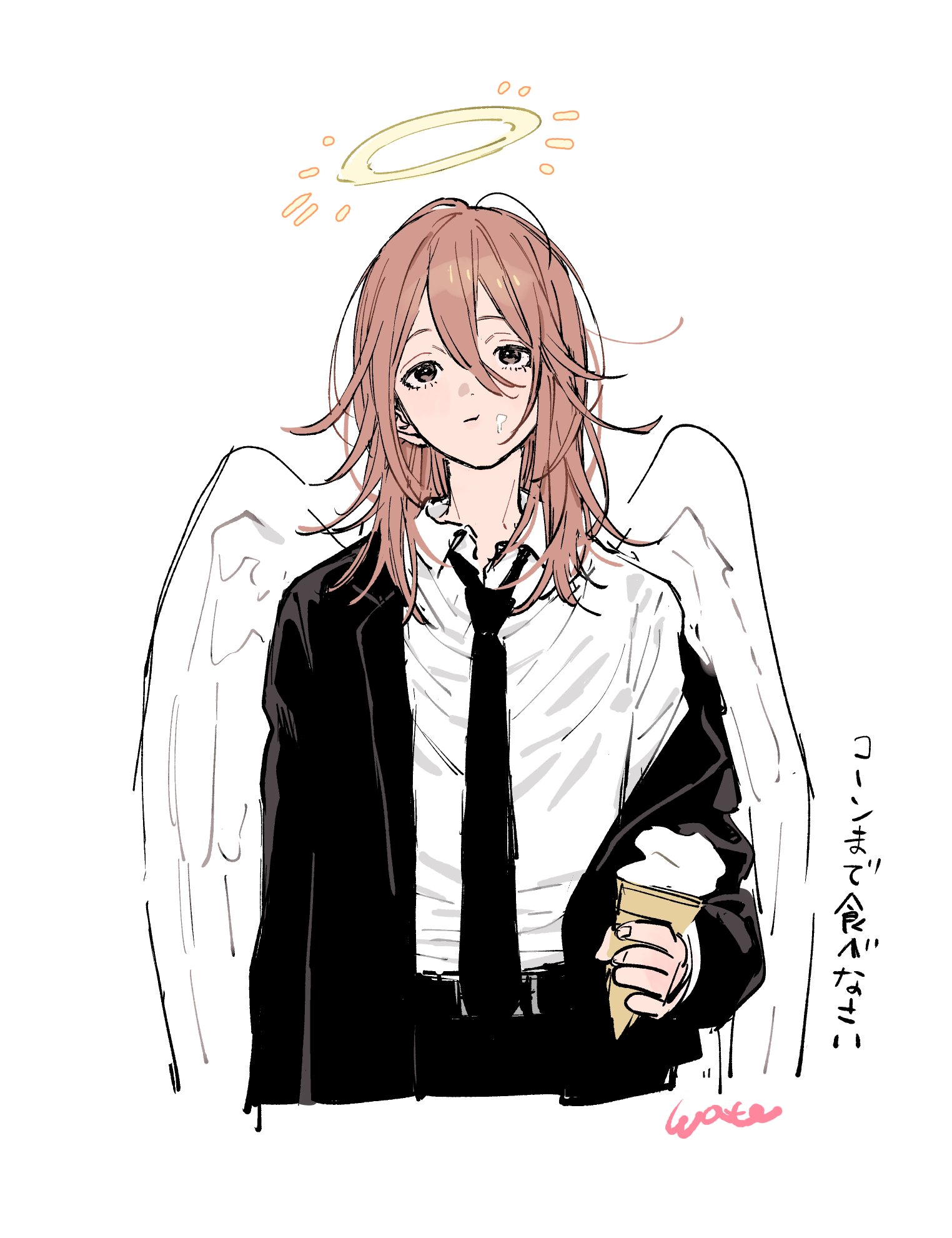 wata kinoshi, angel devil (chainsaw man), chainsaw man, commentary request, highres, translation request, 1boy, angel, angel wings, black jacket, black necktie, black pants, brown eyes, brown hair, closed mouth, collared shirt, cropped legs, feathered wings, food, food on face, formal clothes, hair between eyes, halo, holding, holding ice cream cone, ice cream, ice cream cone, jacket, long hair, looking to the side, looking up, male focus, necktie, off shoulder, pants, shirt, simple background, solo, suit, traditional halo, white background, white shirt, white wings, wings