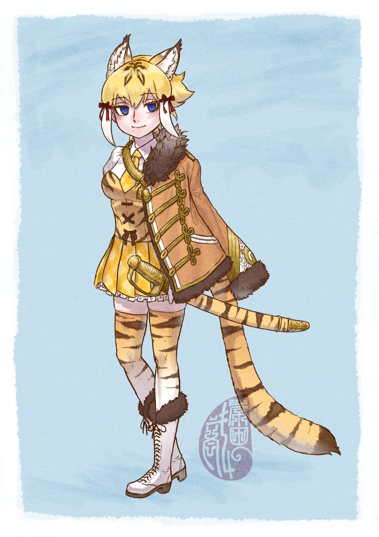 kishida shiki, smilodon (kemono friends), kemono friends, 1girl, animal ears, animal print, blonde hair, blue eyes, blush, boots, brown fur, collared shirt, extra ears, frilled skirt, frills, full body, fur trim, gradient thighhighs, hair between eyes, hair tie, jacket, jacket on shoulders, juliet sleeves, long sleeves, necktie, orange jacket, orange shirt, orange thighhighs, plaid clothes, plaid necktie, plaid skirt, pleated skirt, print shirt, print thighhighs, puffy sleeves, saber (weapon), scabbard, sheath, shirt, short hair, sidelocks, skirt, smile, solo, sword, tail, thighhighs, tiger ears, tiger girl, tiger print, tiger tail, weapon, white boots, white hair, white shirt, white thighhighs, yellow necktie, yellow skirt, zettai ryouiki