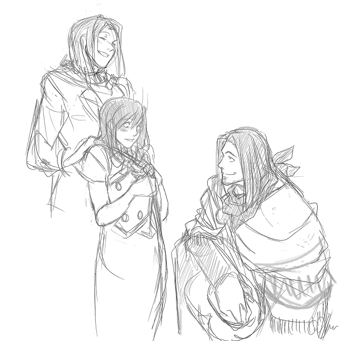 ema skye, jake marshall, lana skye, ace attorney, capcom, 1boy, 2girls, greyscale, monochrome, multiple girls