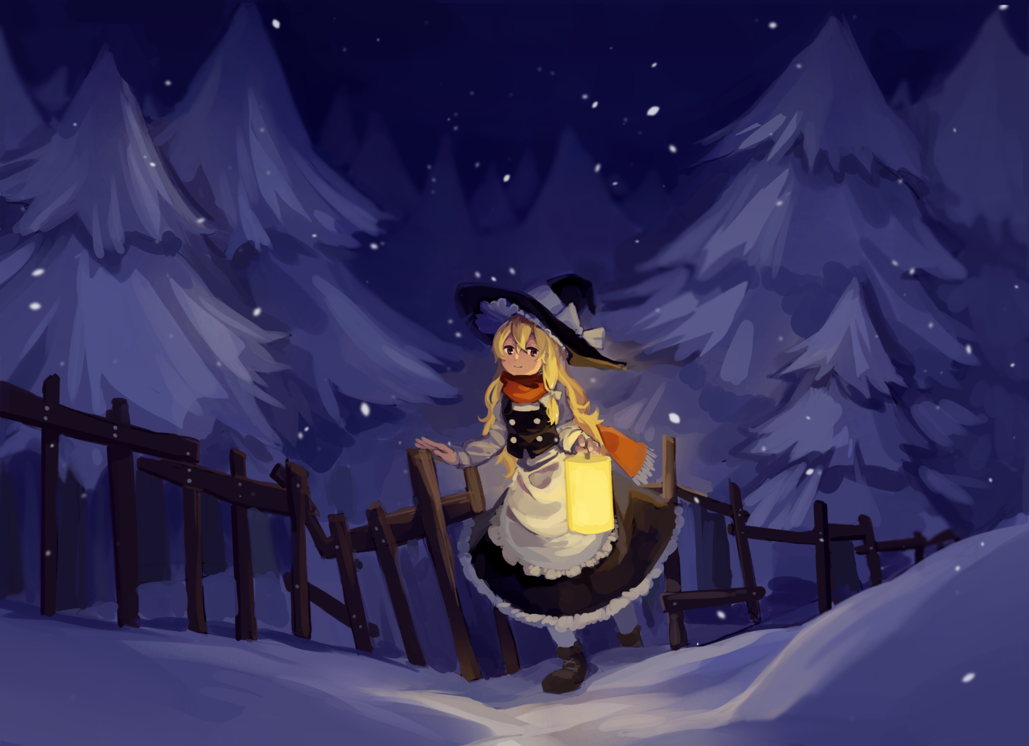 furahata gen, kirisame marisa, touhou, highres, 1girl, apron, black hat, black skirt, black vest, blonde hair, boots, bow, brown boots, closed mouth, frilled apron, frilled hat, frilled skirt, frills, hair between eyes, hand on railing, hat, hat bow, holding, holding lantern, lantern, long hair, long sleeves, looking at viewer, pine tree, railing, red scarf, scarf, shirt, skirt, sleeve cuffs, smile, snow, snowing, socks, solo, tree, vest, walking, white apron, white shirt, white socks, winter, witch hat