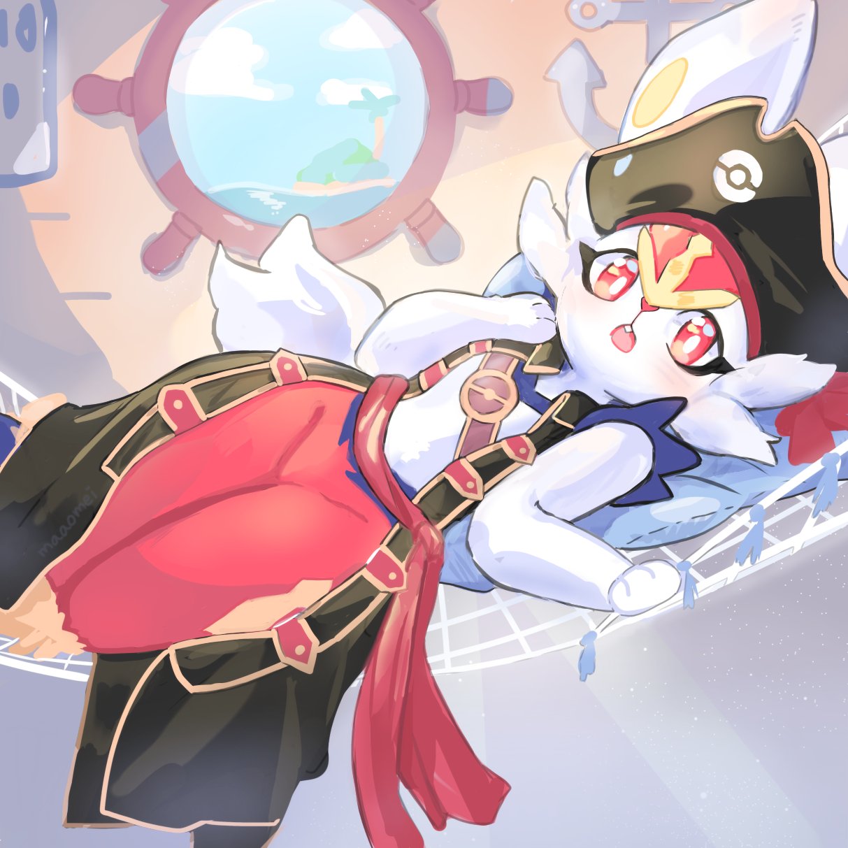 cinderace, cinderace (captain), nintendo, pokemon, pokemon unite, highres, black hat, clothed pokemon, gen 8 pokemon, hat, indoors, long sleeves, looking at viewer, maaomei, official alternate costume, on hammock, pirate, pokemon (creature), red eyes, red fur, solo, white fur