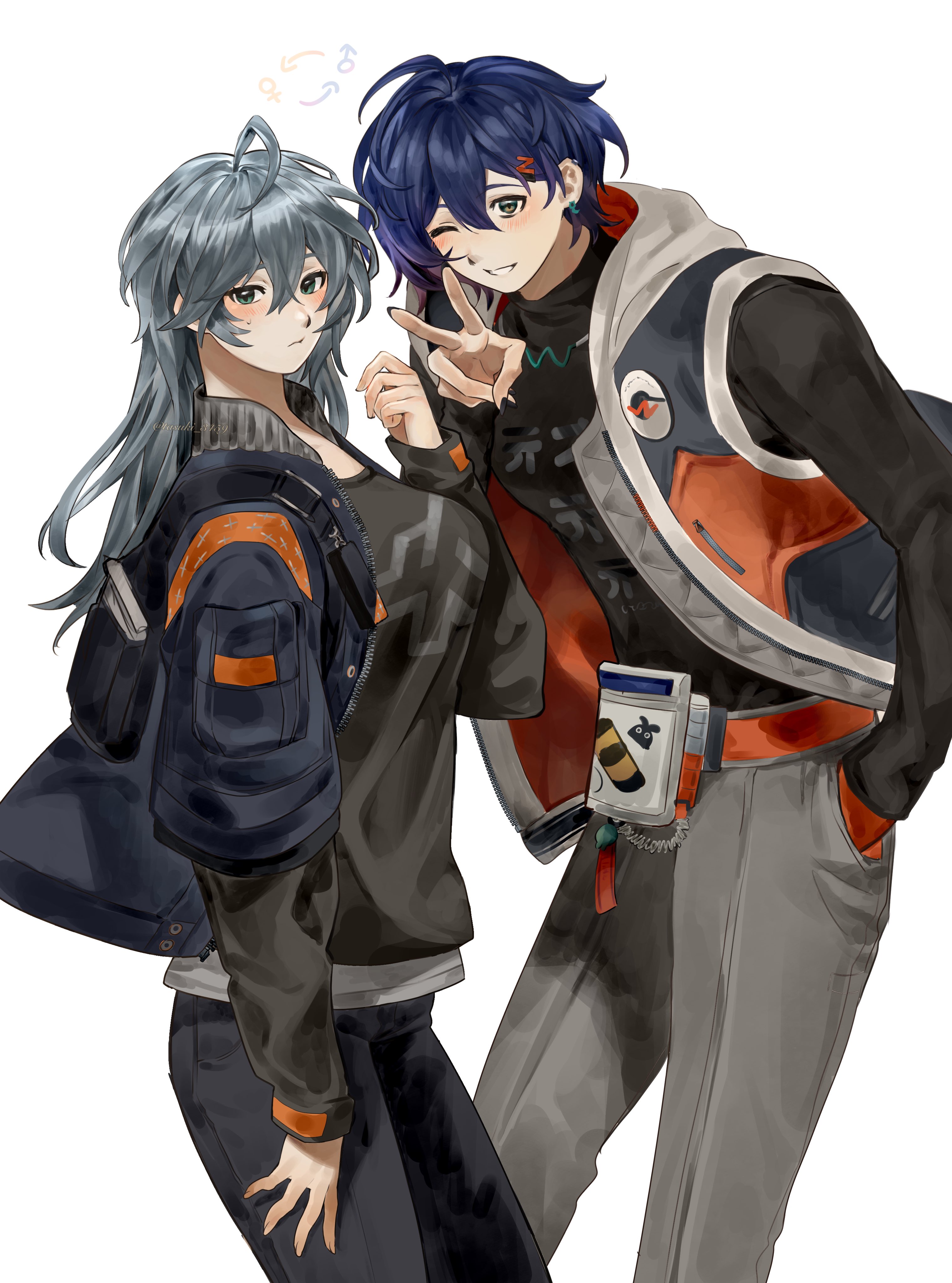 taro7 omaeee, belle (zenless zone zero), wise (zenless zone zero), zenless zone zero, absurdres, highres, 1boy, 1girl, ahoge, arrow (symbol), black pants, black shirt, black sweater, blue hair, blue jacket, brother and sister, closed mouth, clothes writing, cowboy shot, earrings, fingernails, from side, genderswap, genderswap (ftm), genderswap (mtf), green eyes, grey hair, grey pants, grey vest, hair between eyes, hair ornament, hand in pocket, hand up, jacket, jewelry, layered sleeves, letter hair ornament, long hair, long sleeves, looking at viewer, one eye closed, open clothes, open jacket, open vest, pants, puffy long sleeves, puffy sleeves, shirt, short hair, short over long sleeves, short sleeves, siblings, simple background, smile, standing, sweatdrop, sweater, teeth, turtleneck, turtleneck sweater, v, vest, white background, zipper