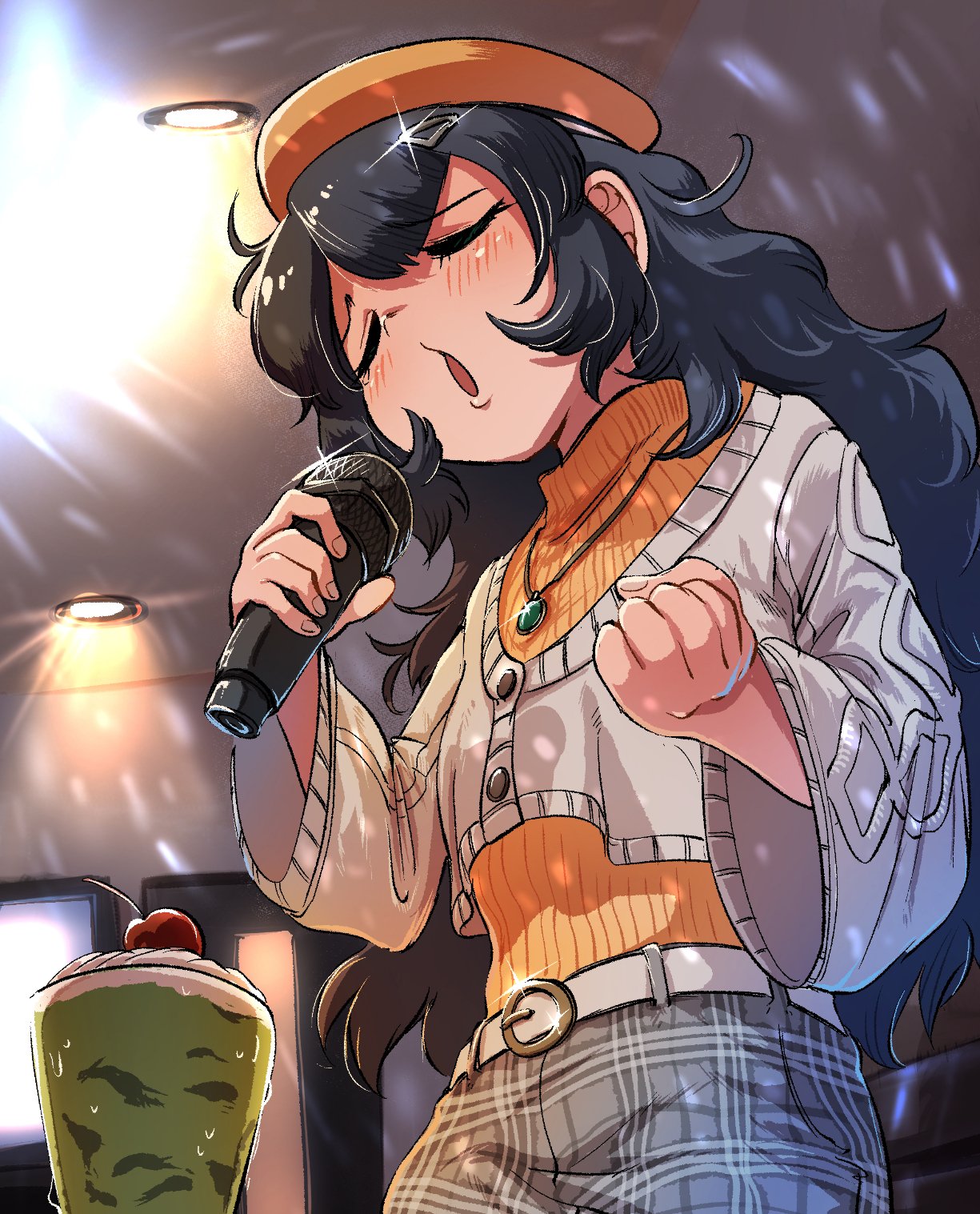 mcgunngu, sagojo (kemono friends), kemono friends, kemono friends 3, highres, 1girl, belt, beret, black hair, blush, casual, closed eyes, food, grey pants, hair between eyes, hat, jewelry, karaoke, long hair, long sleeves, microphone, music, necklace, official alternate costume, orange hat, orange sweater, pants, parfait, plaid clothes, plaid pants, sidelocks, singing, solo, sweater, turtleneck, turtleneck sweater, white belt, white sweater