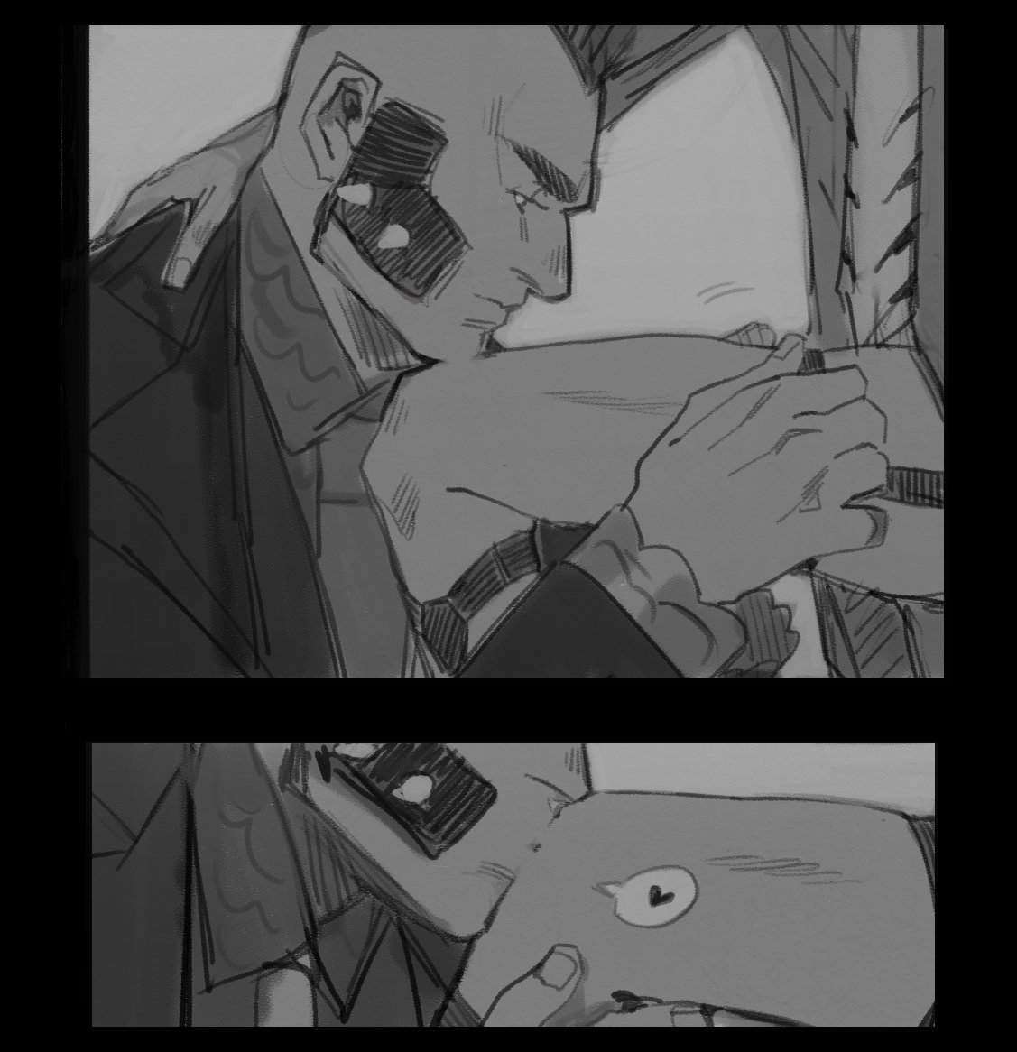 corbeau (pokemon), philippe (pokemon), nintendo, pokemon, pokemon legends: z-a, 2boys, black border, black hair, border, collared shirt, dressing another, greyscale, hand on another's back, head out of frame, heart, holding another's leg, jacket, kissing knee, large hands, legwear garter, looking at another, male focus, moniiki11, monochrome, multiple boys, muscular, muscular male, shirt, short hair, sideburns, socks, speech bubble, spoken heart, suit jacket, yaoi