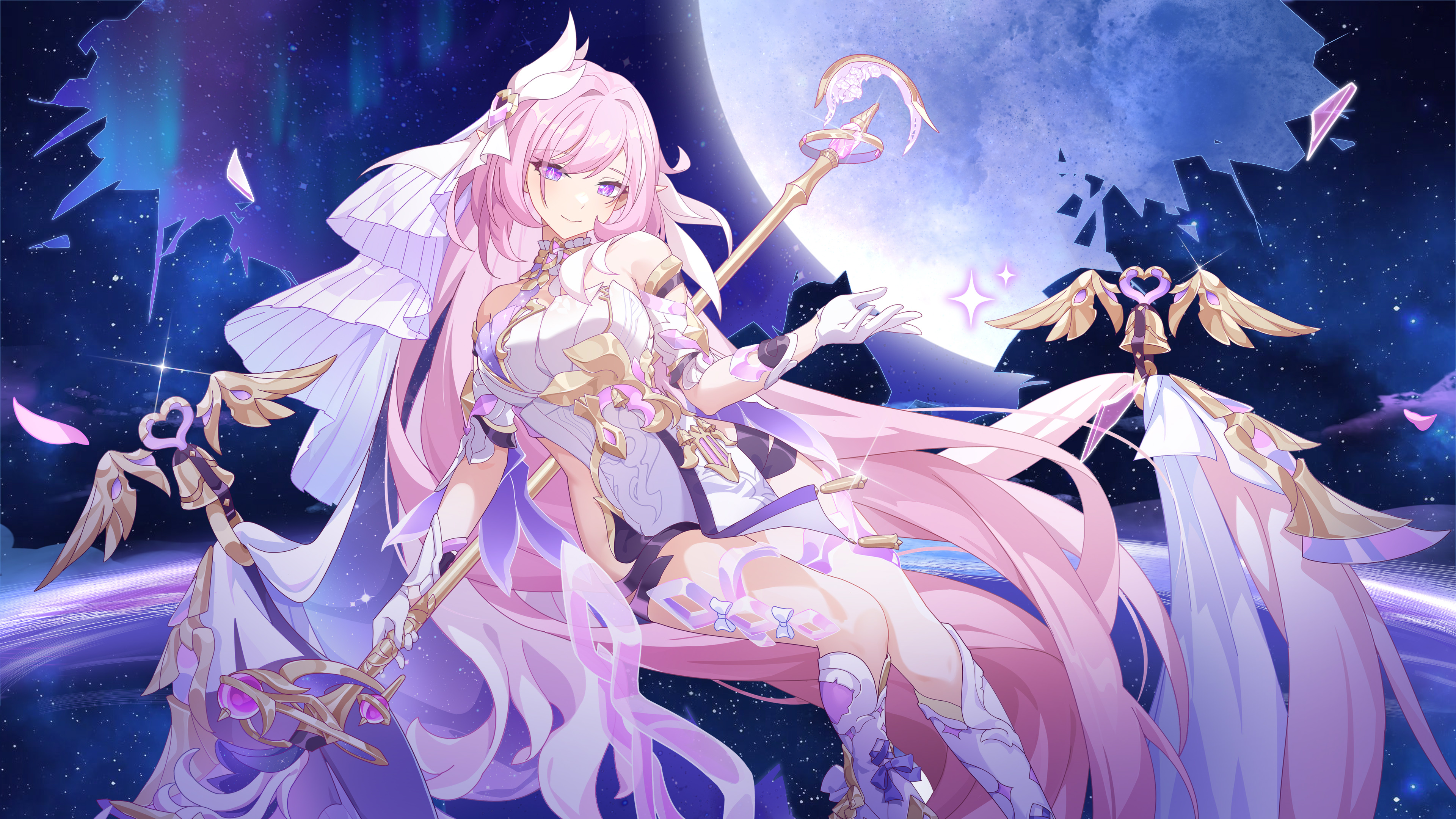 monabianou, elysia (herrscher of human: ego) (honkai impact), elysia (honkai impact), honkai (series), honkai impact 3rd, absurdres, commentary request, highres, 1girl, bare shoulders, breasts, closed mouth, dress, elf, full body, full moon, gloves, hair between eyes, hair ornament, hair spread out, huge moon, long hair, looking at viewer, moon, night, night sky, pink eyes, pink hair, pointy ears, sky, smile, solo, star (sky), symbol-shaped pupils, veil, very long hair, white dress, white gloves