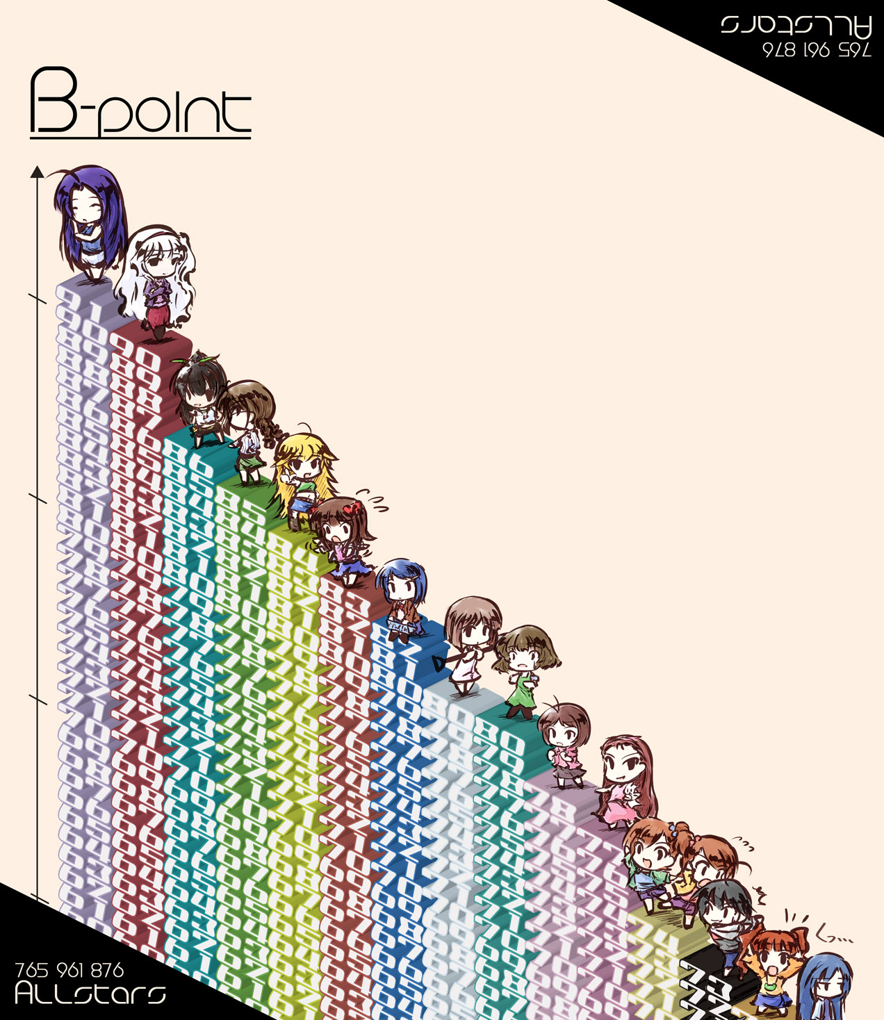 demupausagi, akizuki ritsuko, akizuki ryo, amami haruka, futami ami, futami mami, ganaha hibiki, hagiwara yukiho, hidaka ai, hoshii miki, kikuchi makoto, kisaragi chihaya, minase iori, miura azusa, mizutani eri, otonashi kotori, shijou takane, takatsuki yayoi, idolmaster, idolmaster (classic), idolmaster dearly stars, idolmaster sp, annotated, highres, 00s, 1boy, 6+girls, breast envy, breast padding, breasts, bust chart, chart, chibi, everyone, multiple girls, pantyhose, reverse trap, shovel, trap, worktool