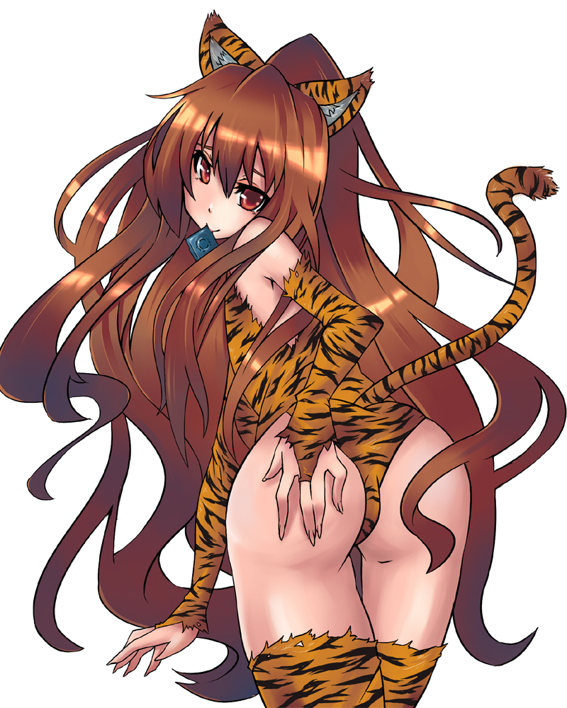 makai, aisaka taiga, toradora!, textless version, 00s, 1girl, animal costume, animal ears, animal print, ass, blush, bridal gauntlets, brown eyes, brown hair, cat ears, cat tail, condom, condom in mouth, costume, female focus, flat chest, from behind, grabbing own ass, long hair, looking back, mouth hold, simple background, solo, tail, thigh gap, thighhighs, thighs, tiger costume, tiger print, very long hair