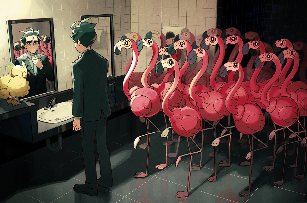 nicca (nicca11y), flamigo, larry (pokemon), oricorio, oricorio (pom-pom), nintendo, pokemon, pokemon sv, 1boy, adjusting clothes, adjusting necktie, bathroom, bird, black hair, black jacket, black pants, black suit, blue necktie, collared shirt, flamingo, formal clothes, gen 7 pokemon, grey shirt, indoors, jacket, mirror, necktie, pants, pokemon (creature), shirt, short hair, suit, tile floor, tiles