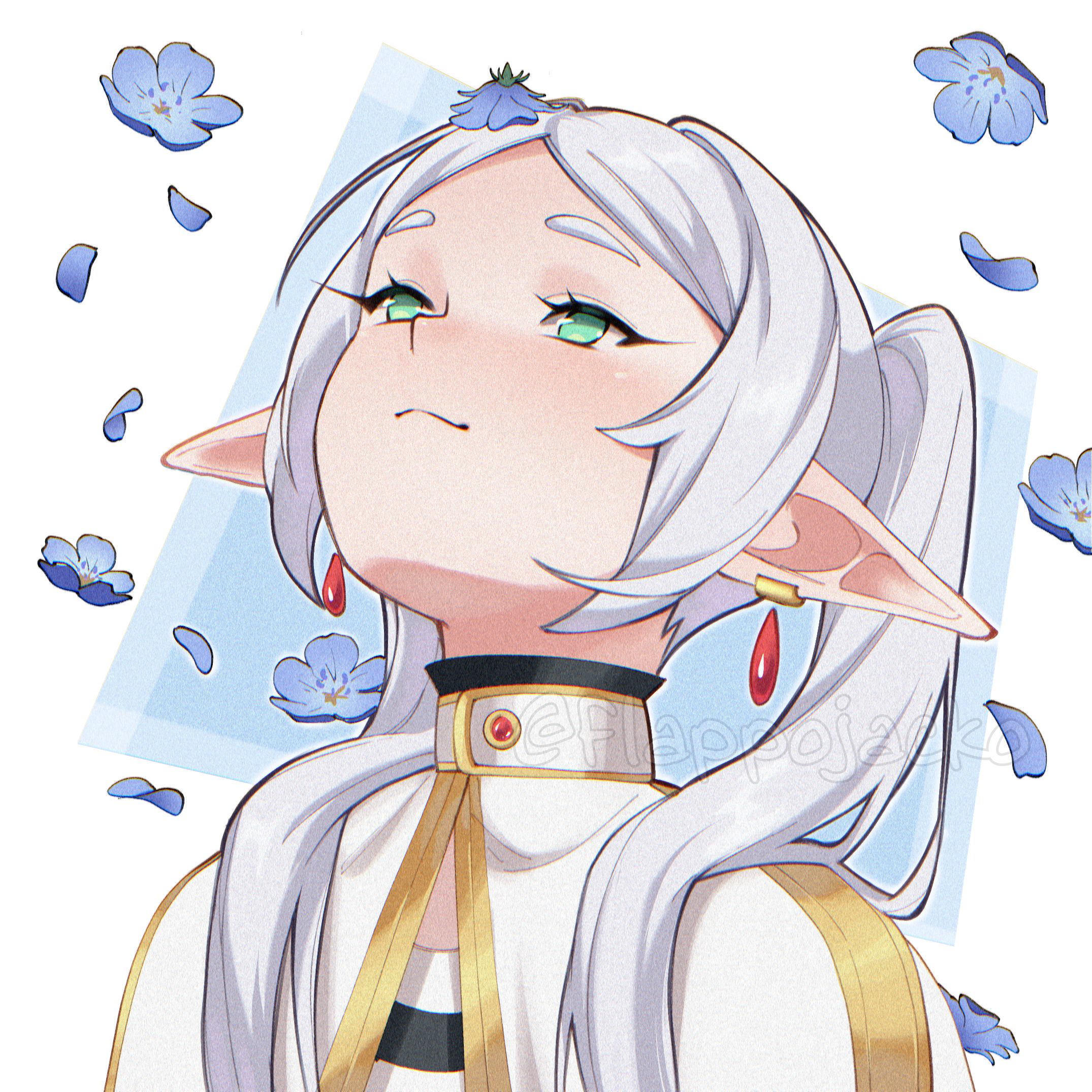 mandytsune, frieren, sousou no frieren, highres, 1girl, blush, capelet, closed mouth, earrings, elf, floating earrings, flower, green eyes, grey hair, hair over shoulder, head back, jewelry, long hair, long pointy ears, looking up, meme, parted bangs, petals, pointy ears, shirt, smile, solo, striped clothes, striped shirt, teardrop earrings, twintails, upper body, upward angle frieren drawing (meme), white capelet, white hair