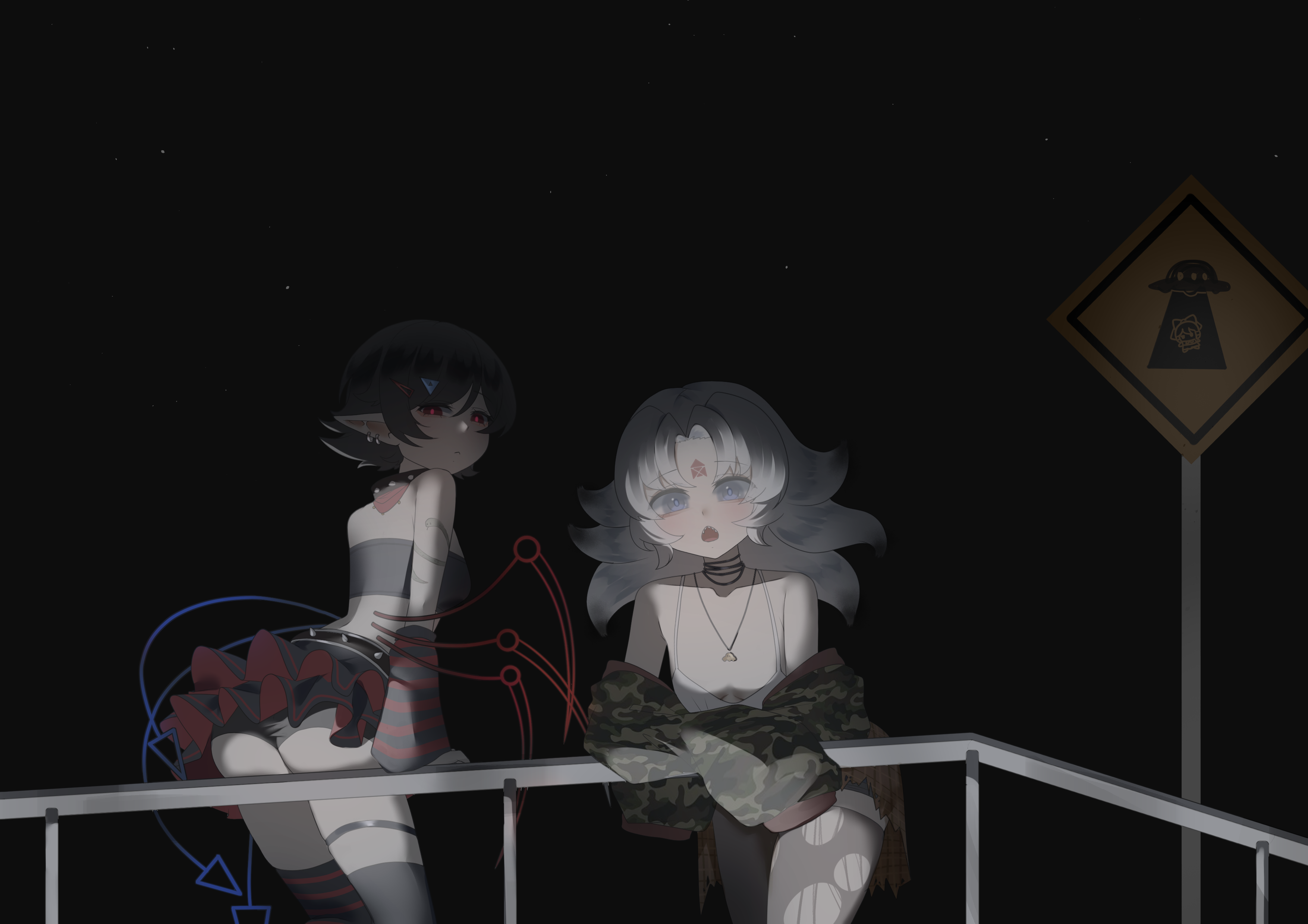 no noru, houjuu chimi, houjuu nue, touhou, absurdres, commentary, highres, 2girls, alternate costume, ass, asymmetrical wings, bandeau, black bandeau, black hair, black skirt, black sky, black thighhighs, blue wings, breasts, camouflage, camouflage jacket, cowboy shot, forehead tattoo, frilled skirt, frills, fumo (doll), grey eyes, grey hair, grey pantyhose, jacket, looking at viewer, multiple girls, night, open mouth, outdoors, pantyhose, pointy ears, railing, red eyes, red wings, short hair, sign, skirt, sky, small breasts, tank top, tattoo, thighhighs, torn clothes, torn pantyhose, unworn jacket, warning sign, white tank top, wings