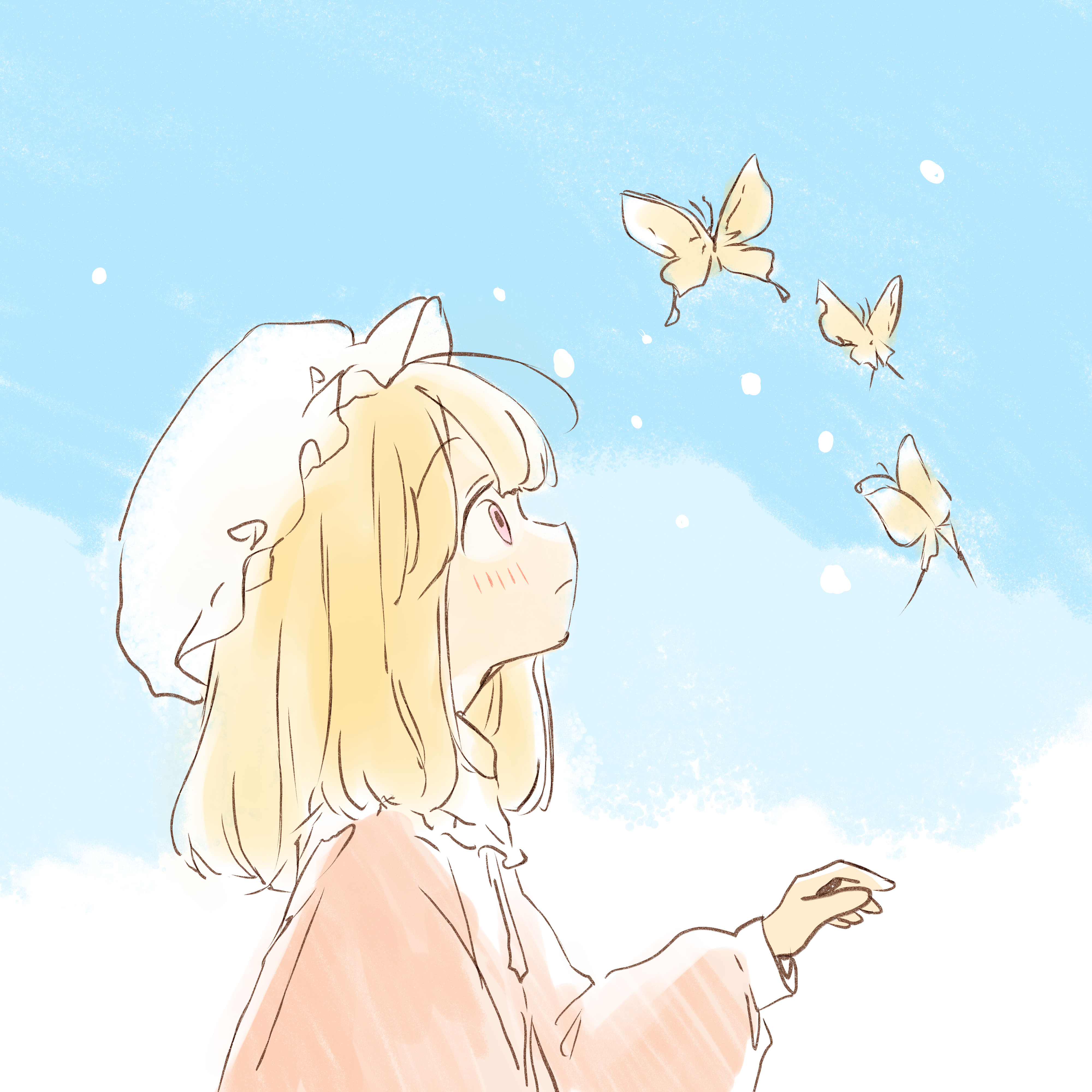 iris-san, maribel hearn, touhou, absurdres, highres, 1girl, animal, blonde hair, blush, bug, butterfly, closed mouth, dress, dress ribbon, frilled shirt collar, frills, from side, hair between eyes, hat, insect, long sleeves, looking at animal, looking up, medium hair, mob cap, pink dress, pink eyes, puffy long sleeves, puffy sleeves, sketch, sleeve cuffs, solo, white hat