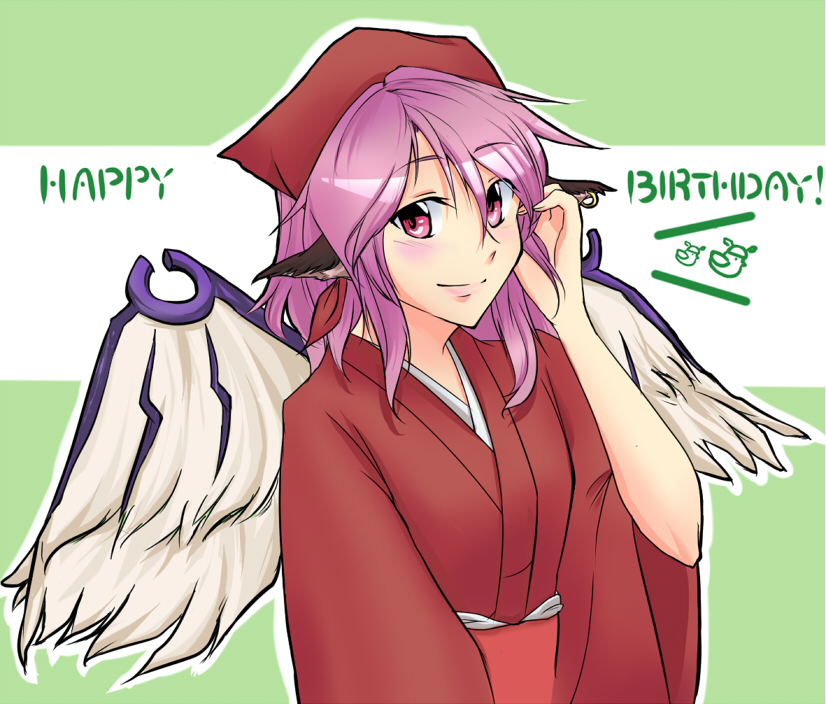 supei, mystia lorelei, okamisty, touhou, bad id, bad pixiv id, 1girl, animal ears, earrings, female focus, headscarf, japanese clothes, jewelry, pink eyes, pink hair, red headscarf, short hair, solo, wings