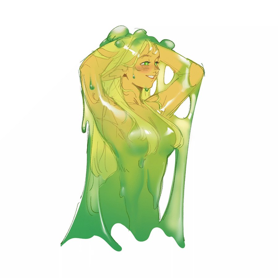 aatom87, marcille donato, dungeon meshi, commentary, english commentary, 1girl, arms up, blonde hair, breasts, cropped torso, green eyes, hands in own hair, medium breasts, nude, pointy ears, slime (substance), smile, solo, upper body